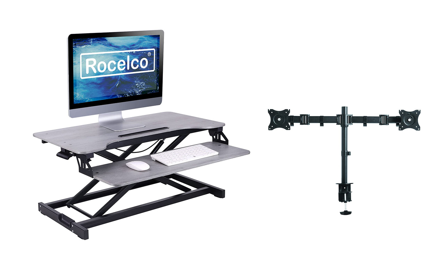 Rocelco Standing Desk Converter with Dual Monitor Mount - 31.5 Inch Sit Stand Up Tabletop Riser with Tablet Holder, Height Adjustable Workstation - Deep Keyboard Tray for Laptop - Gray (R VADRG-DM2)