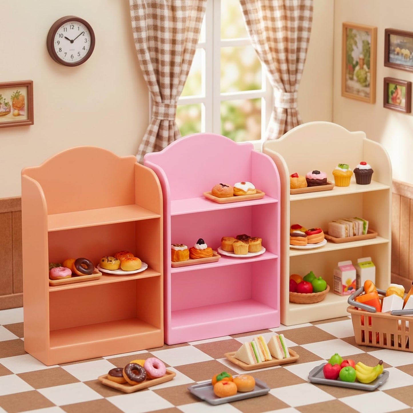 Susade 3Pcs Miniature Supermarket Shelves Mini Doll House Store Storage Bookshelf Display Shelves Furniture Model 3Layers Kitchen Shelf Display Books Storage Racks Mini Food Drink Bottle Locker Decor