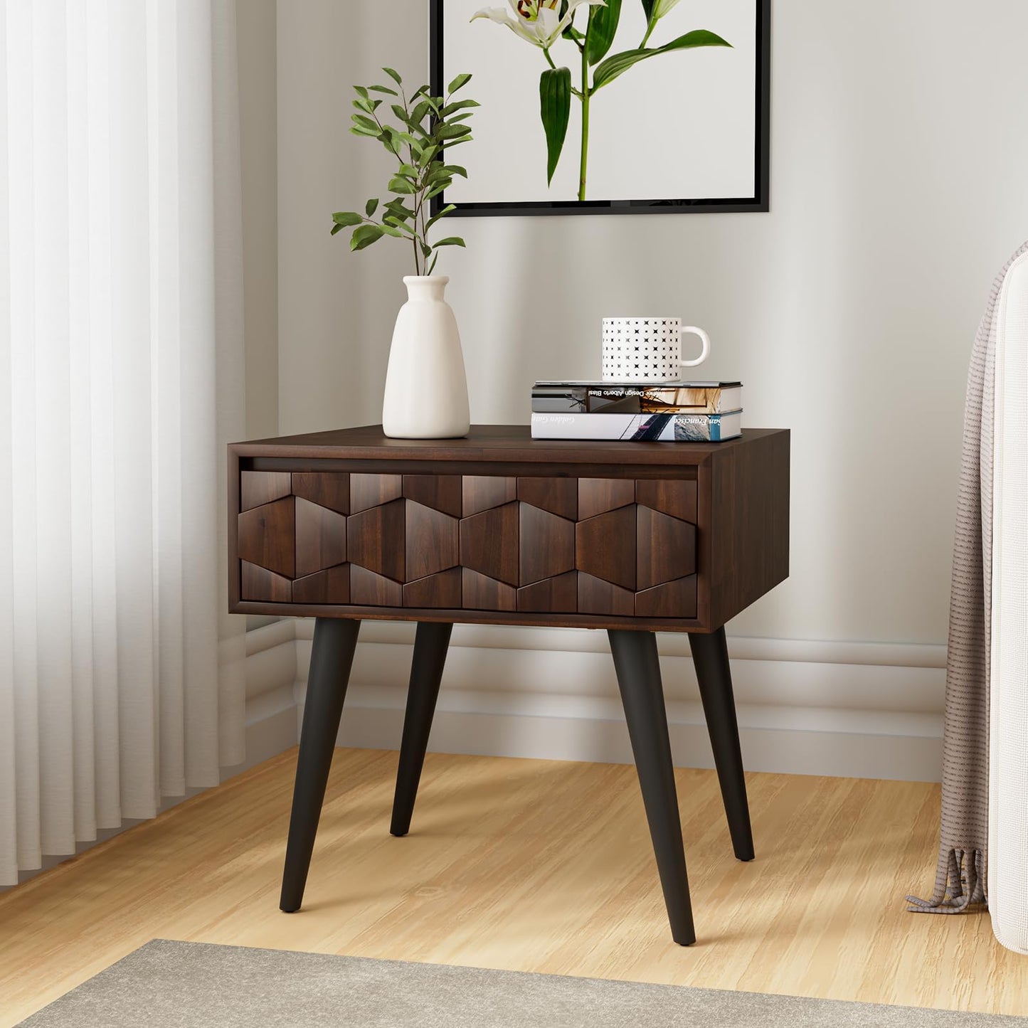 Bme Georgina Solid Wood Mid-Century Modern Side Table with Drawer – Fully Assembled Bedside Table with Rustic Geometric Pattern for Living Room or Bedroom