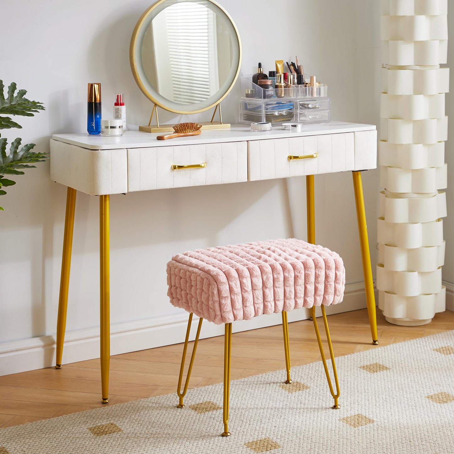 IBUYKE Rectangular Footrest Stool Ottoman, Makeup Vanity Stool Side Table, Velvet Dressing Table Seat, Footstool Chair, Golden Steel Legs, for Makeup Room, Bedroom, Square Grid Pattern, Pink WBD003P
