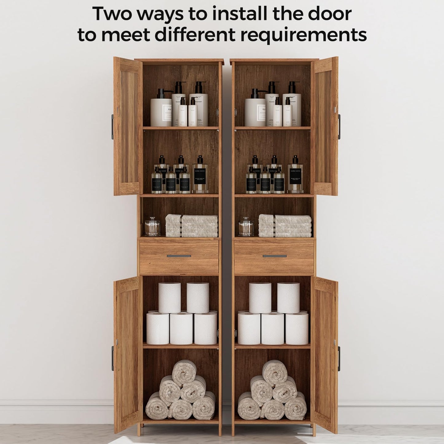 Homhedy 67" H Tall Bathroom Storage Cabinet with 2 Barn Doors and 1 Drawer, Narrow Storage Unit, Adjustable Shelves, Floor Cabinet for Bathroom, Living Room, Entryway, Kitchen, Rustic Walnut, (15.7"W)