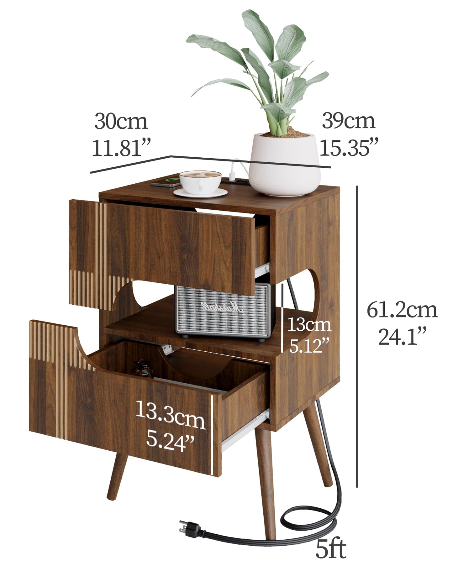 JOONEE Nightstand with Charging Station and LED Lights,Modern Bedside Table with 2 Storage Drawer,Night Stand with Solid Wood Legs,White (Walnut Brown)