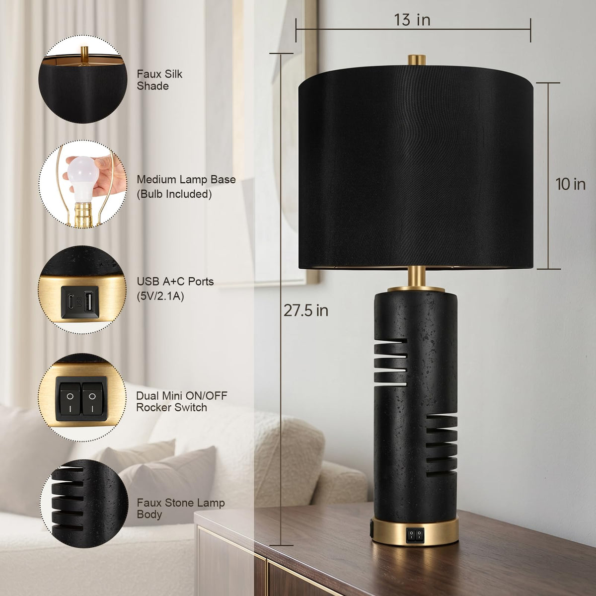 KIVDITZO 27.5" Faux Stone Table Lamps Set of 2, Farmhouse Table Lamps for Living Room with Night Light & USB A+C Ports, Black Lamps with Faux Silk Shade for Bedroom Nightstand Office (Bulb Included)