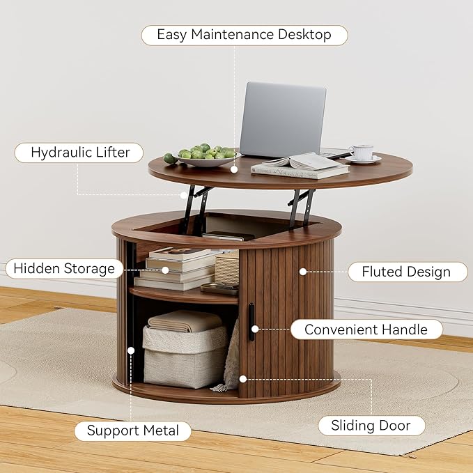 FABATO Round Lift Top Coffee Table, Fluted Wood Accent Coffee Table