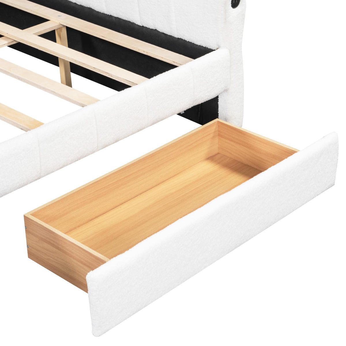 Ball & Cast Queen Size Daybed with Storage Drawers and USB Port,Upholstered Day Bed Frame with Channel Tufted Backrest and Armrest, Boucle Fabric,No Box Spring Needed,White