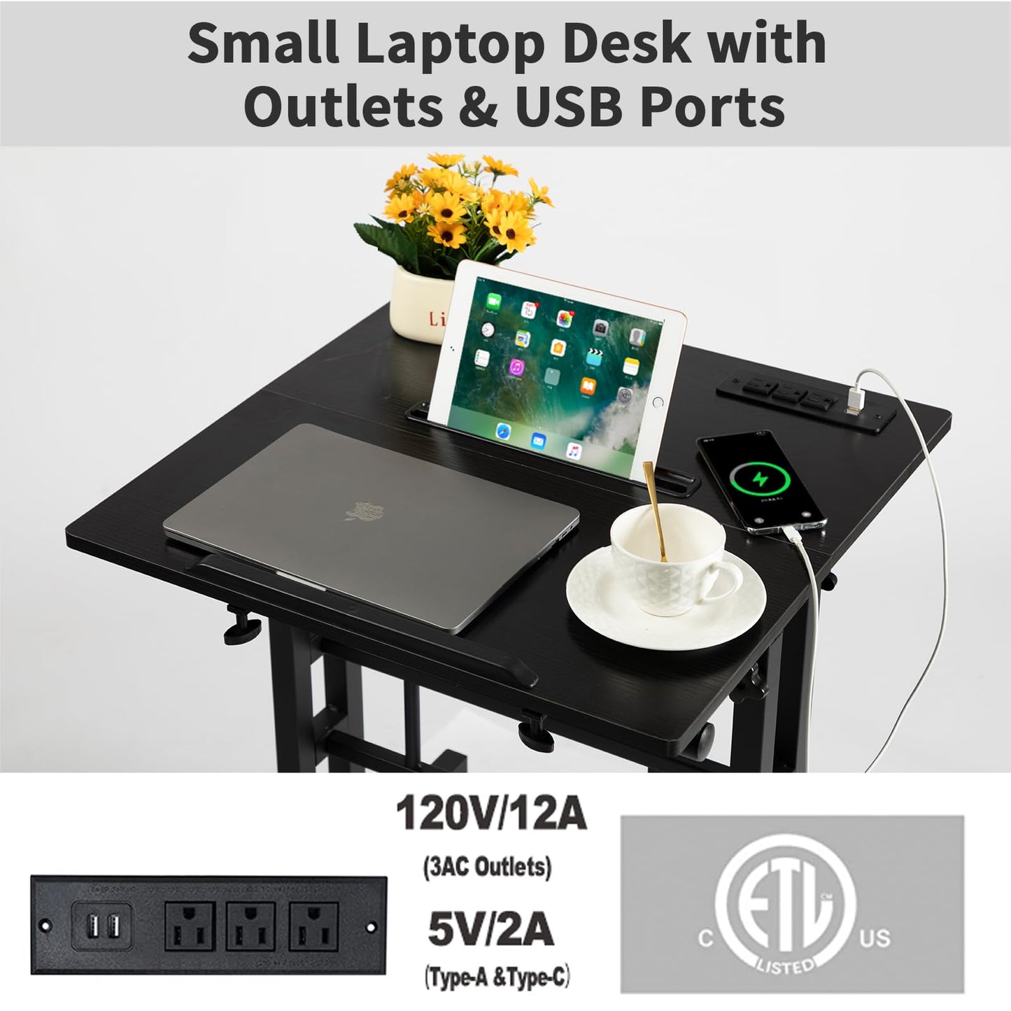 Hadulcet Mobile Standing Desk with Charging Station, Adjustable Standing Computer Desk, Standing Adjustable Laptop Cart with Wheels for Home Office Classroom Black
