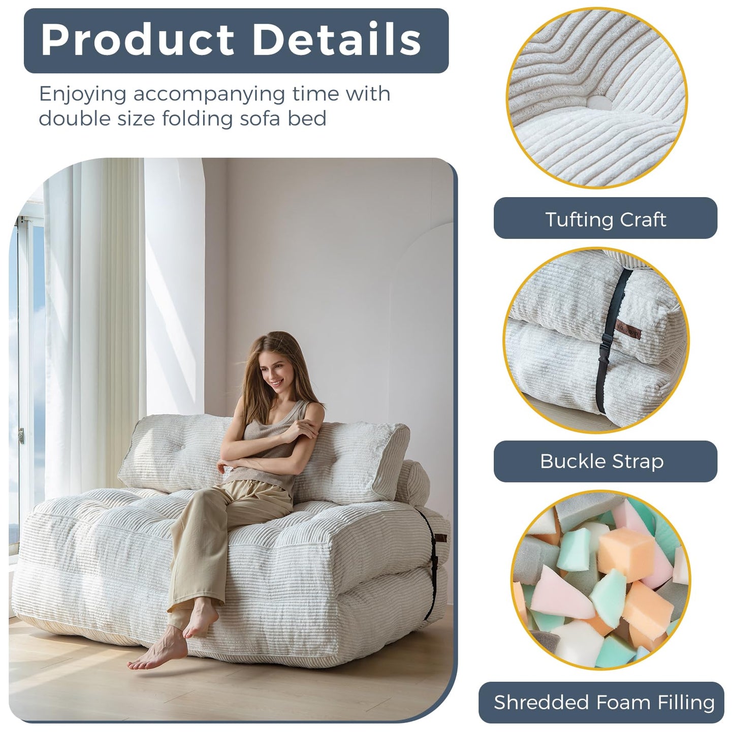 MAXYOYO Folding Sofa Bed, Convertible Chair with Pilow Foldable with Back Support, Portable Fold Out Chair Bed Comfy Floor Sofa Lounge for Living Room Bedroom, Beige, Double