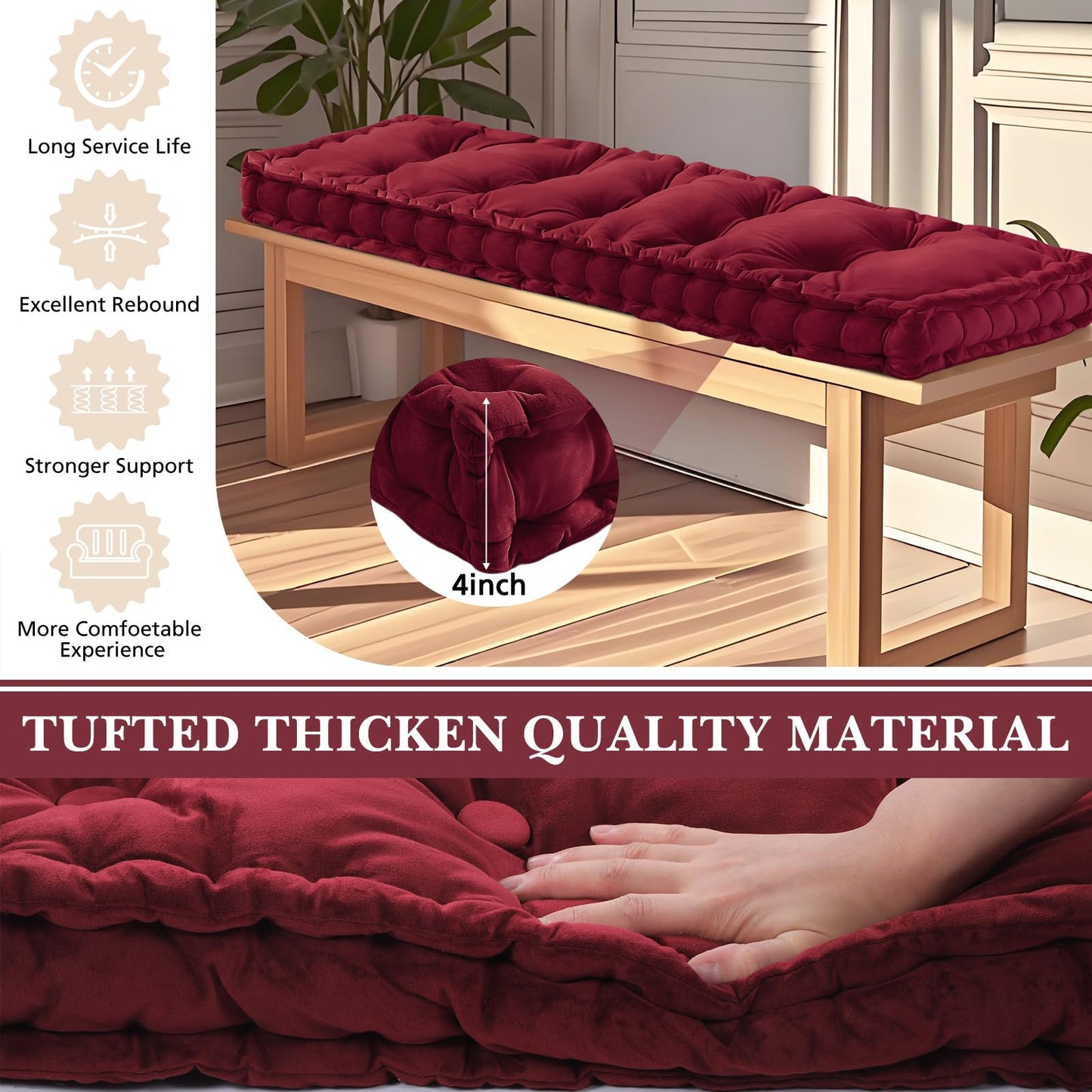 Threehoney Bench Cushions for Indoor Furniture 42x16 in Velvet Kitchen Dining Piano Window Seat Cushion, Tufted Patio Porch Swing Thicken Bench Pad Memory Foam for Christmas Decor(Dark Red)