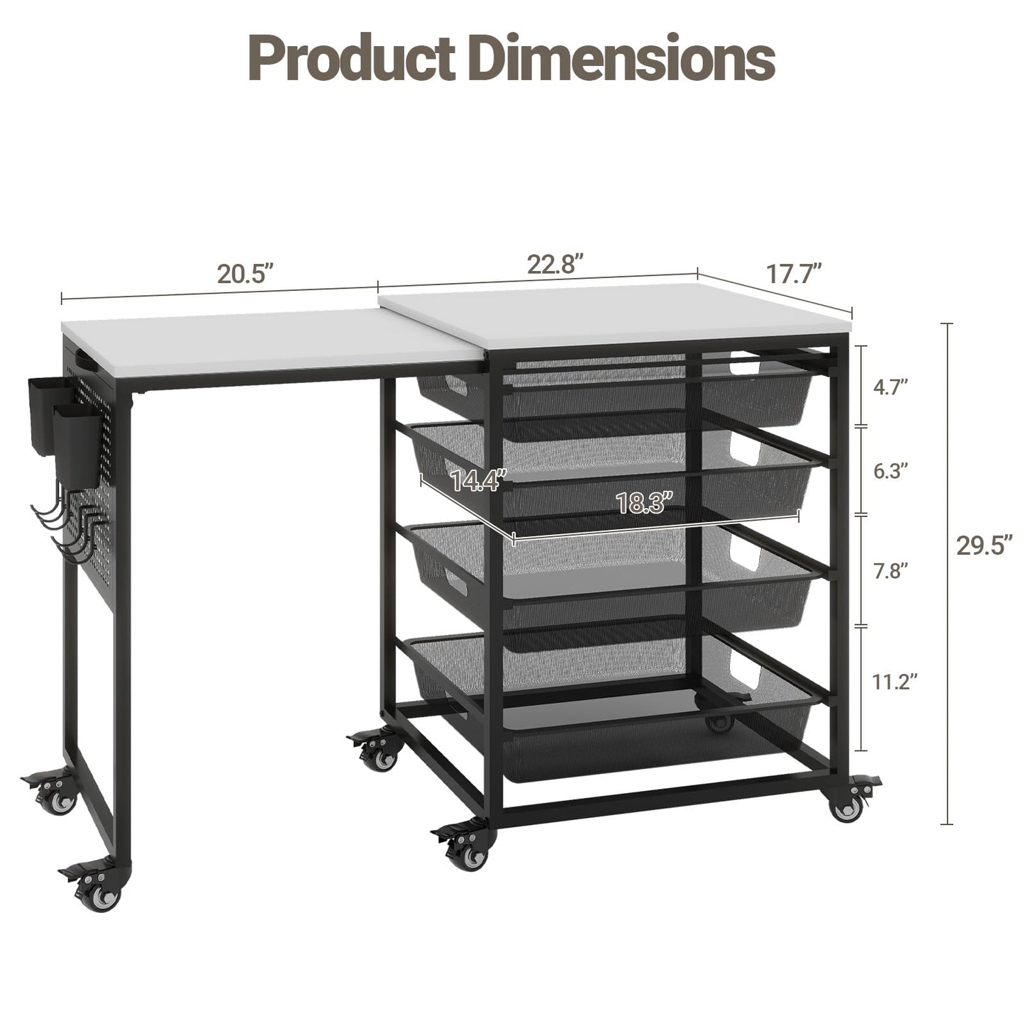 Rolling Craft Storage Cart with Wheels & Mesh Drawers, Extendable Craft Table with Pegboard Organizer, Muti-functional Work Table for Sewing, Arts and Crafts, Scrapbooking Storage,3D Printers (White)