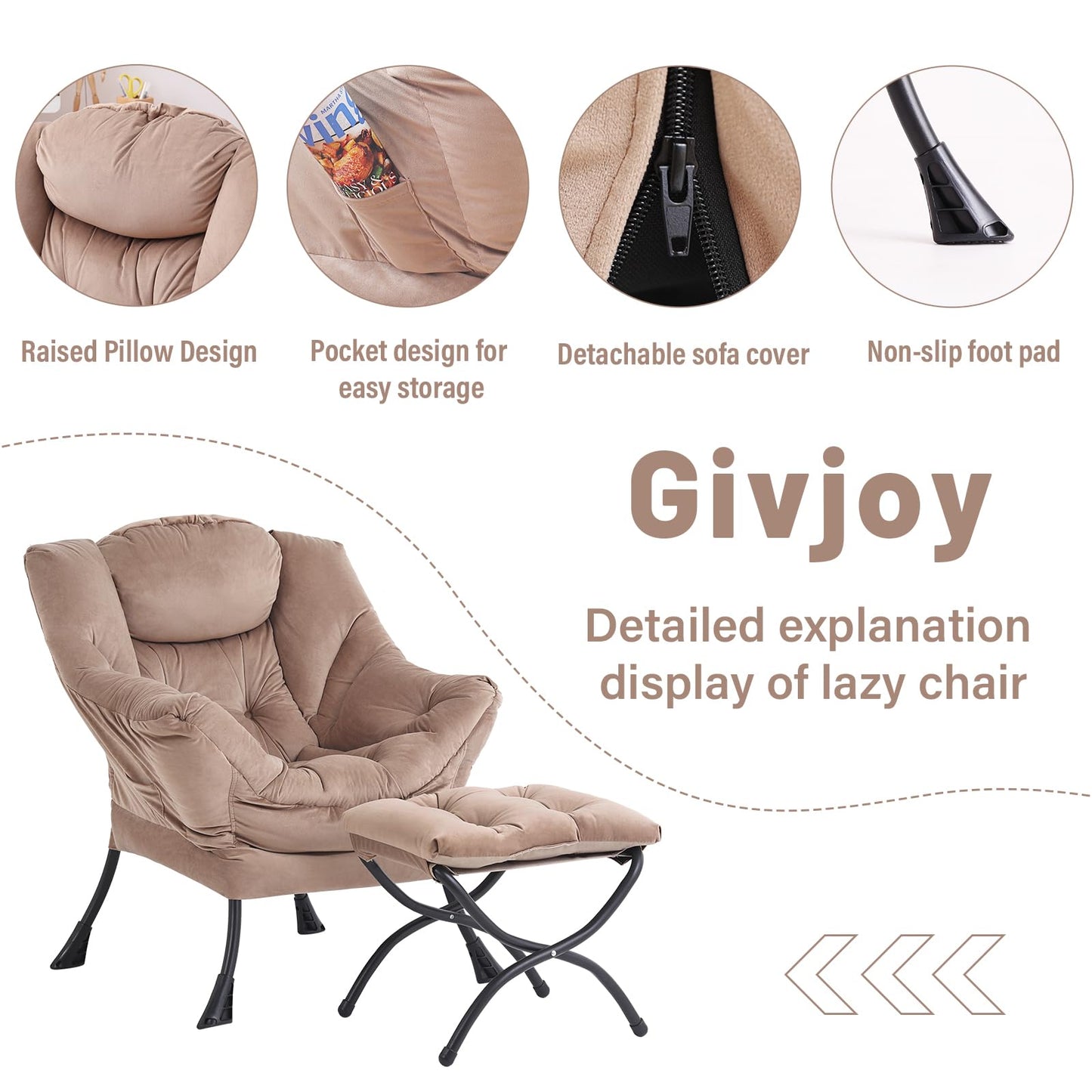 Givjoy Lazy Chair and Ottoman, Large Velvet Brown Accent Chair with a Side Pocket, Modern Leisure Upholstered Sofa Reading Armchair with Footrest for Office, Bedroom, Living Room, Dorm Rooms, Balcony