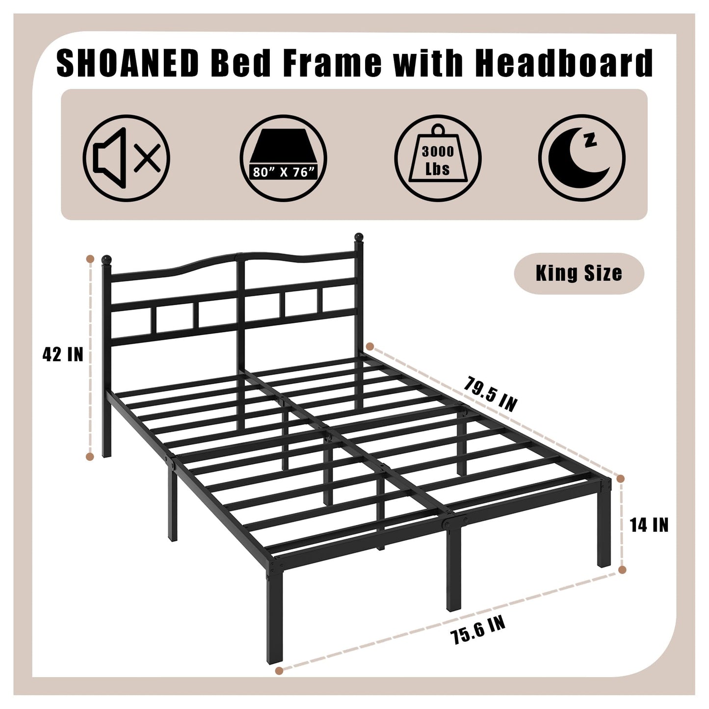 SHOANED Metal Bed Frame with Headboard - 14 Inch King Size Heavy Duty Bedframe Black Basic Steel Slats Platform No Box Spring Needed/Easy Assembly/Noise Free