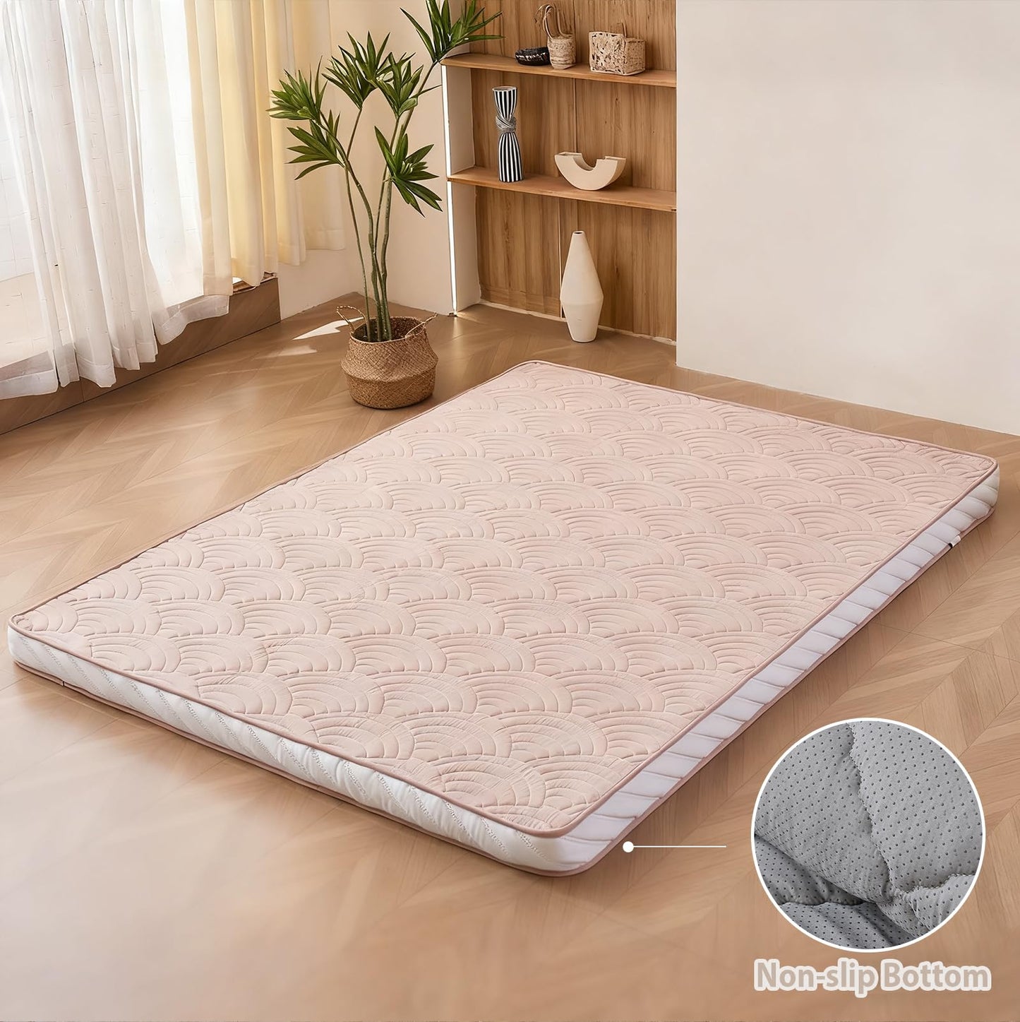 Zelladorra Japanese Floor Mattress, Quilted Futon Mattress with Anti-Slip Bottom, Foldable Floor Bed with Storage Bag and Straps, (Beige, Queen)