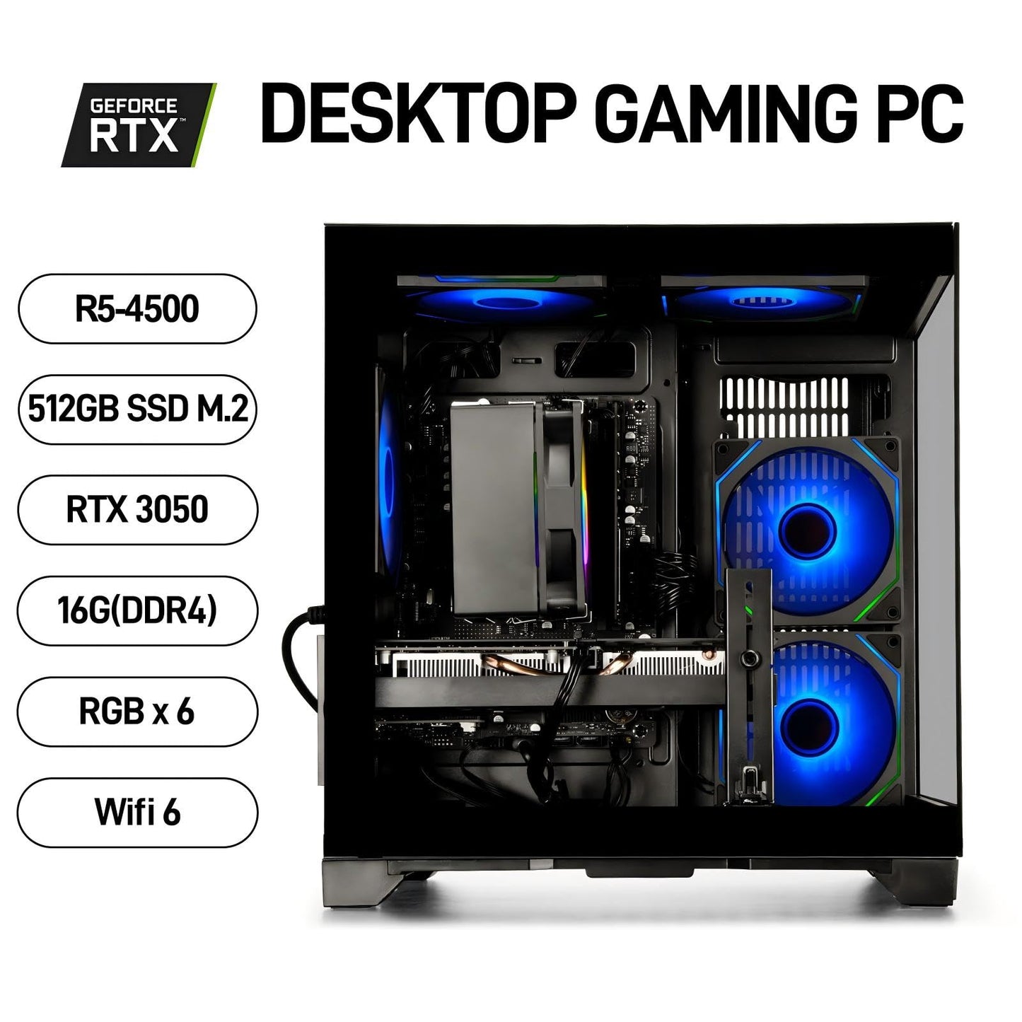 WIWB Gaming Desktop PC – Ryzen 5 4500, GeForce RTX 3050, 16GB DDR4 RAM, 512GB NVMe SSD, WiFi 6 – Desktop for Gaming, Streaming, School, Home Office & Everyday Use
