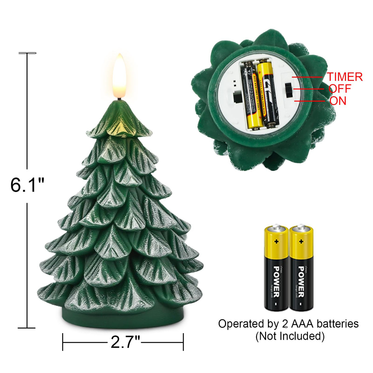 KunSwenn Christmas Tree Candles, 2 Pack Real Wax Christmas Tree Shaped Flameless Candles Battery Operated with 6H Timer, Green LED Flameless Candlesticks Imitate Snow Design for Christmas Winter Decor