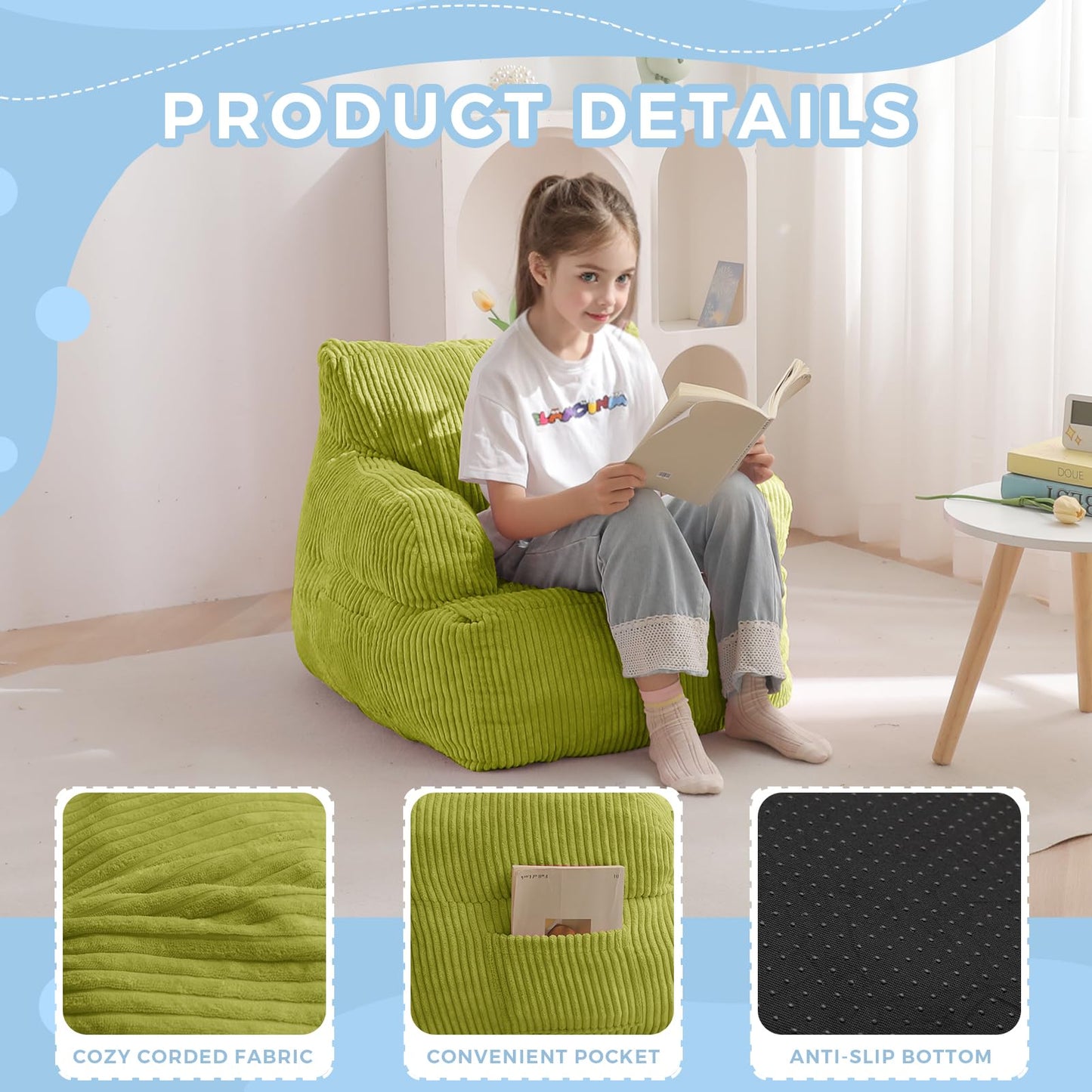 MAXYOYO Kids Bean Bag Chair, Stuffed Toddler Bean Bag Sofa with Filler Bean Bag Chair for Boys and Girls, Lazy Sofa with Pocket Floor Chair for Gaming, Reading, Green