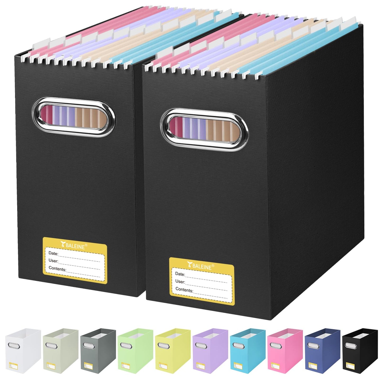 BALEINE File Organizer Box, Cardboard File Folder Organizer with Handle for Letter Size, Portable Collapsible Hanging Filing Box for Home Office Document Storage (2 Pack, Black)
