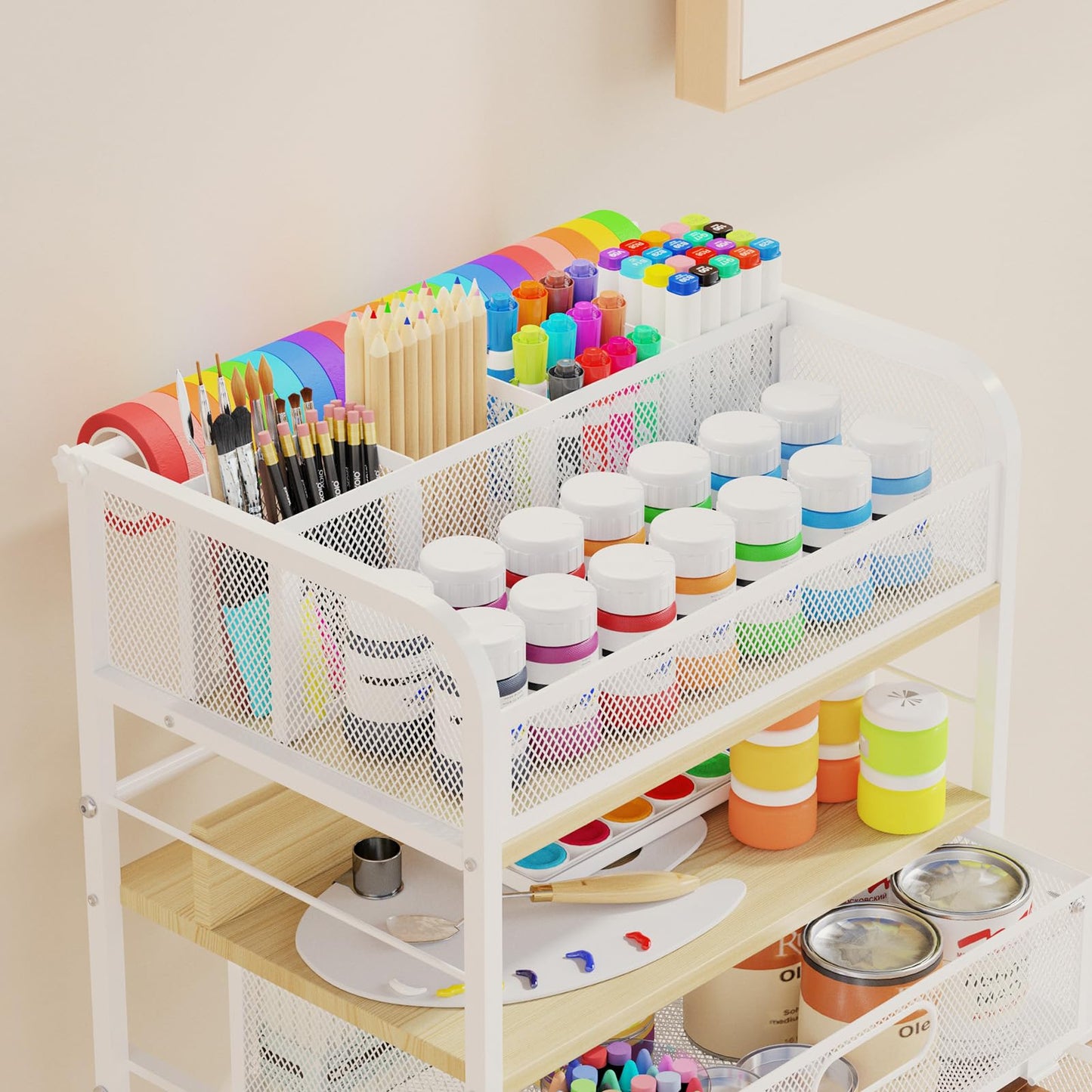 Homsorout Art cart, 5 Tier Rolling Cart - Utility Cart with Storage Drawer and Wheels, Versatile Art & Craft Organizer for Home, Office, or Studio Ideal for Storing Brushes, Paints （Maple）