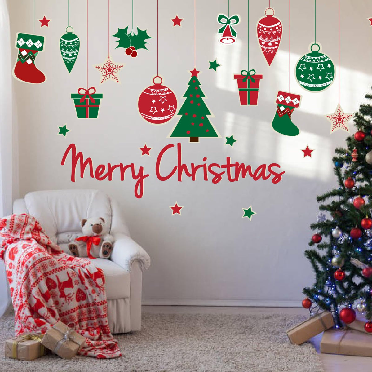 Merry Christmas Wall Decals Xmas Tree Snowflake Gift Wall Stickers Peel and Stick Removable Art Mural for Kids Gift Bedroom Living Room Door Window Decor Supplies