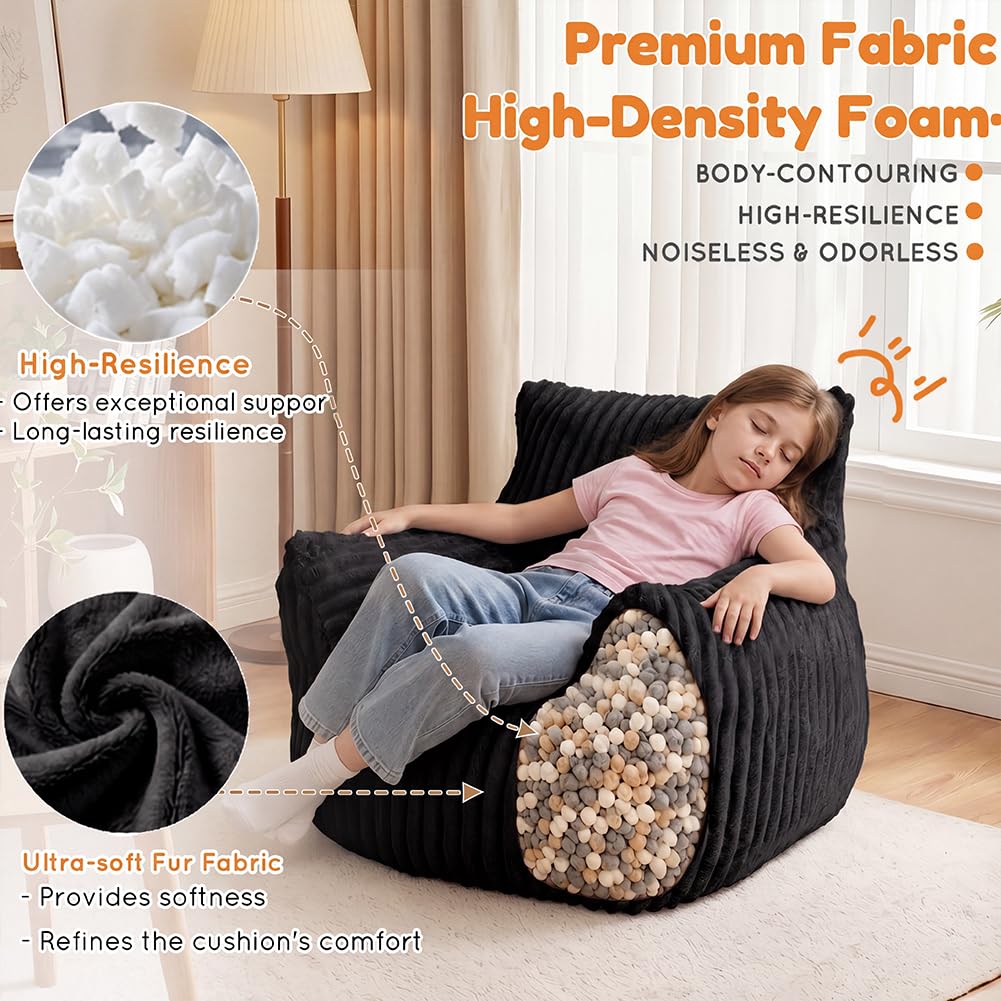 MaxiBean Bean Bag Chair - Plush Faux Fur Floor Seating Furniture Bean Bag Chair for Living Room, Bedroom, Playroom (2.5FT Stripe Black)