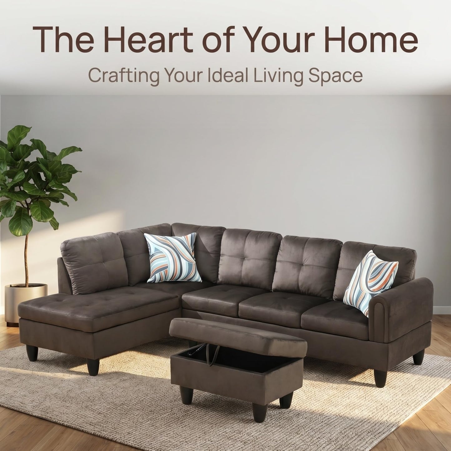 Trygoal 3-Piece L-Shaped Modular Leather Sofa – Convertible Sectional Couch with Movable Chaise & Storage Ottoman, Multi-Scene Use for Living Room, Apartment & Office, Dark Brown