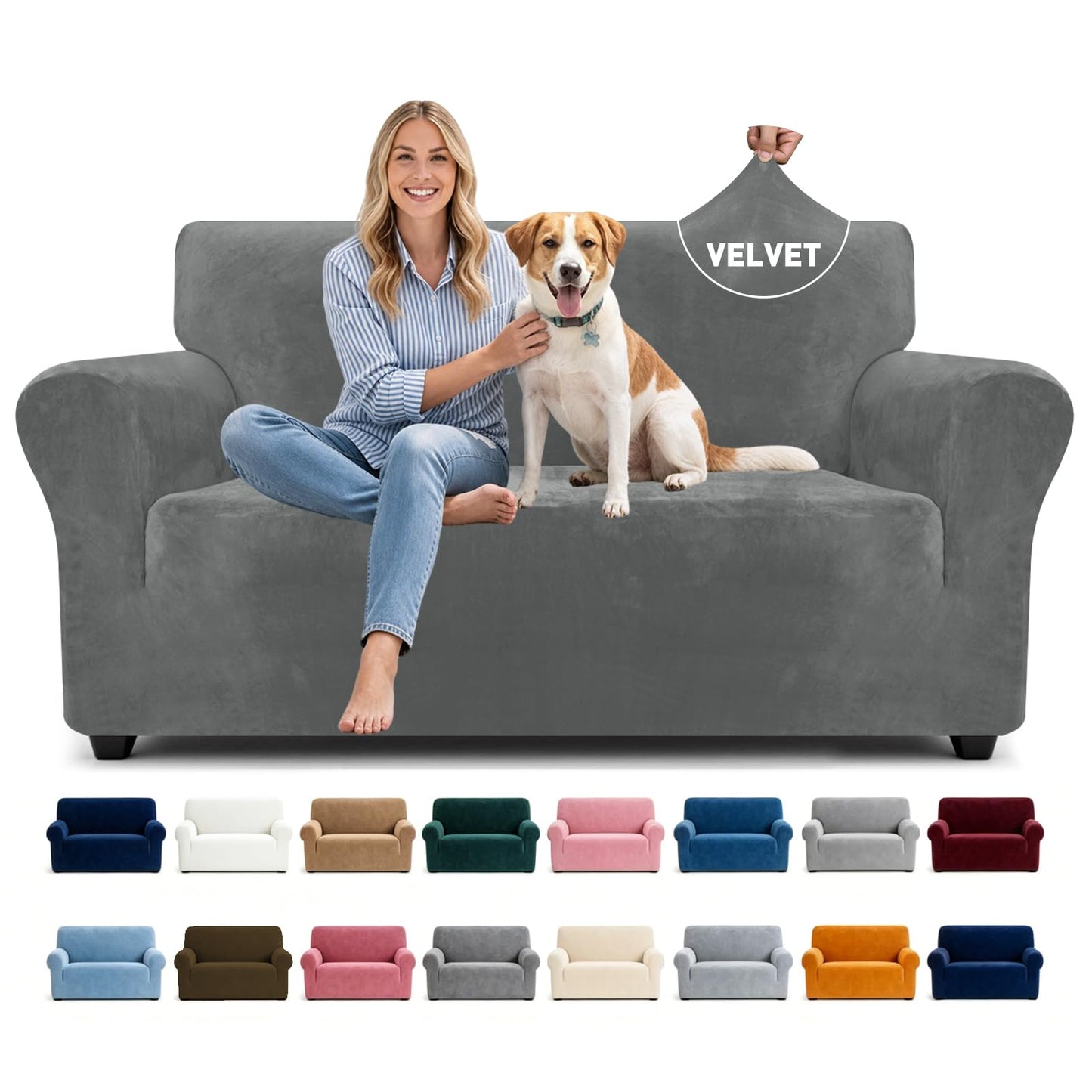 YEMYHOM Real Velvet Couch Covers for 2 Cushion Couch High Stretch 1 Piece Loveseat Slipcover for Pets Dogs Anti Slip Love Seat Sofa Slipcover Furniture Protector (55"-69", Gray)