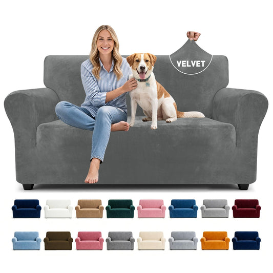 YEMYHOM Real Velvet Couch Covers for 2 Cushion Couch High Stretch 1 Piece Loveseat Slipcover for Pets Dogs Anti Slip Love Seat Sofa Slipcover Furniture Protector (55"-69", Gray)