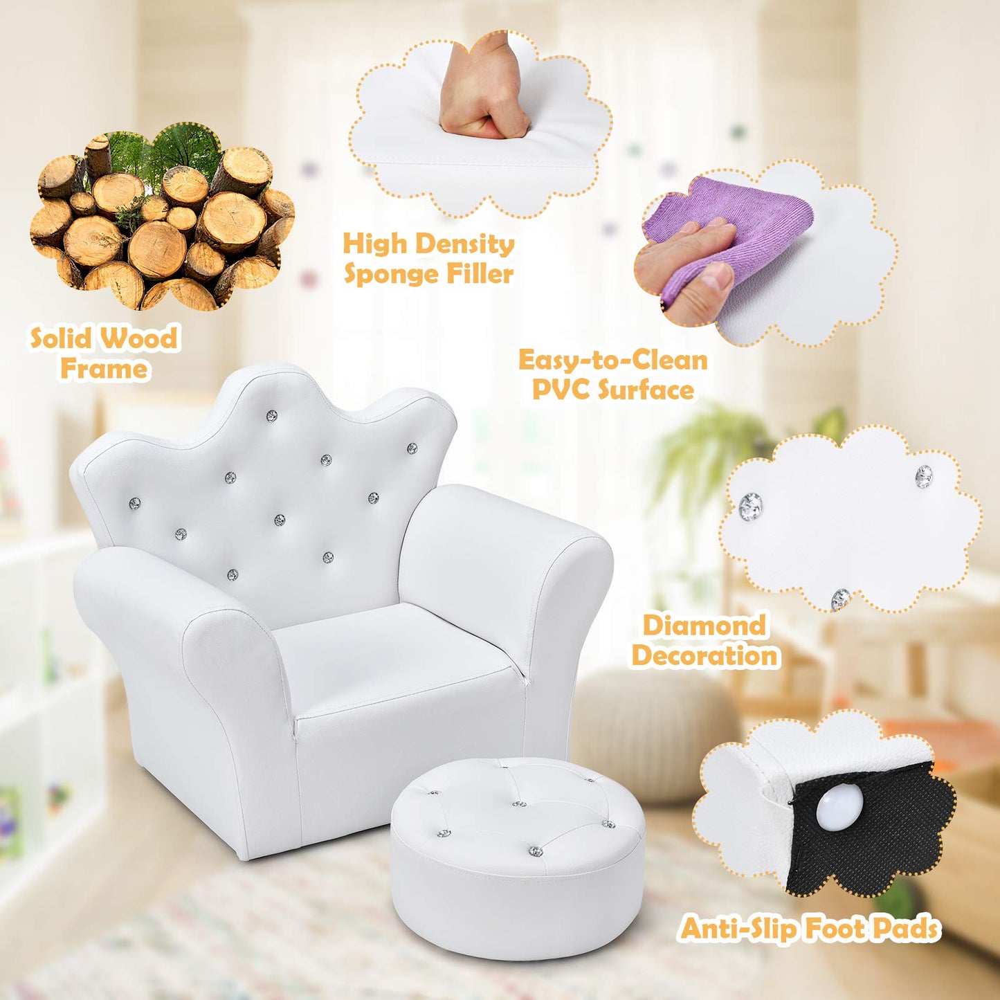 Costzon Kids Sofa, Children Upholstered Sofa with Ottoman, Princess Sofa with Diamond Decoration, Ottoman, Smooth PVC Leather Toddler Chair, Kids Couch for Preschool Boys and Girls Gift (White)