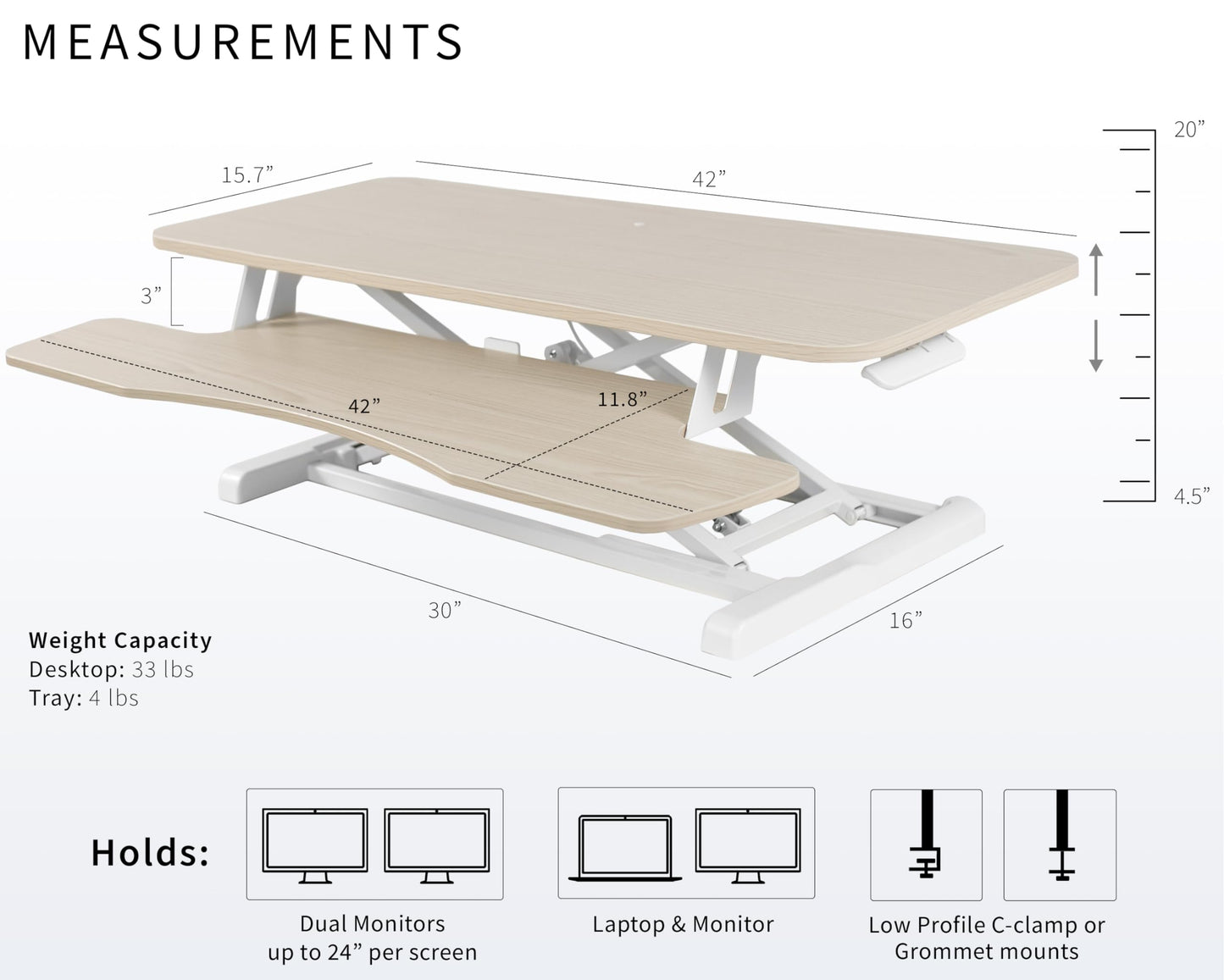 VIVO 42 inch Desk Converter, K Series, Height Adjustable Sit to Stand Riser, Dual Monitor and Laptop Workstation with Wide Keyboard Tray, Light Wood Top, White Frame, DESK-V042KF