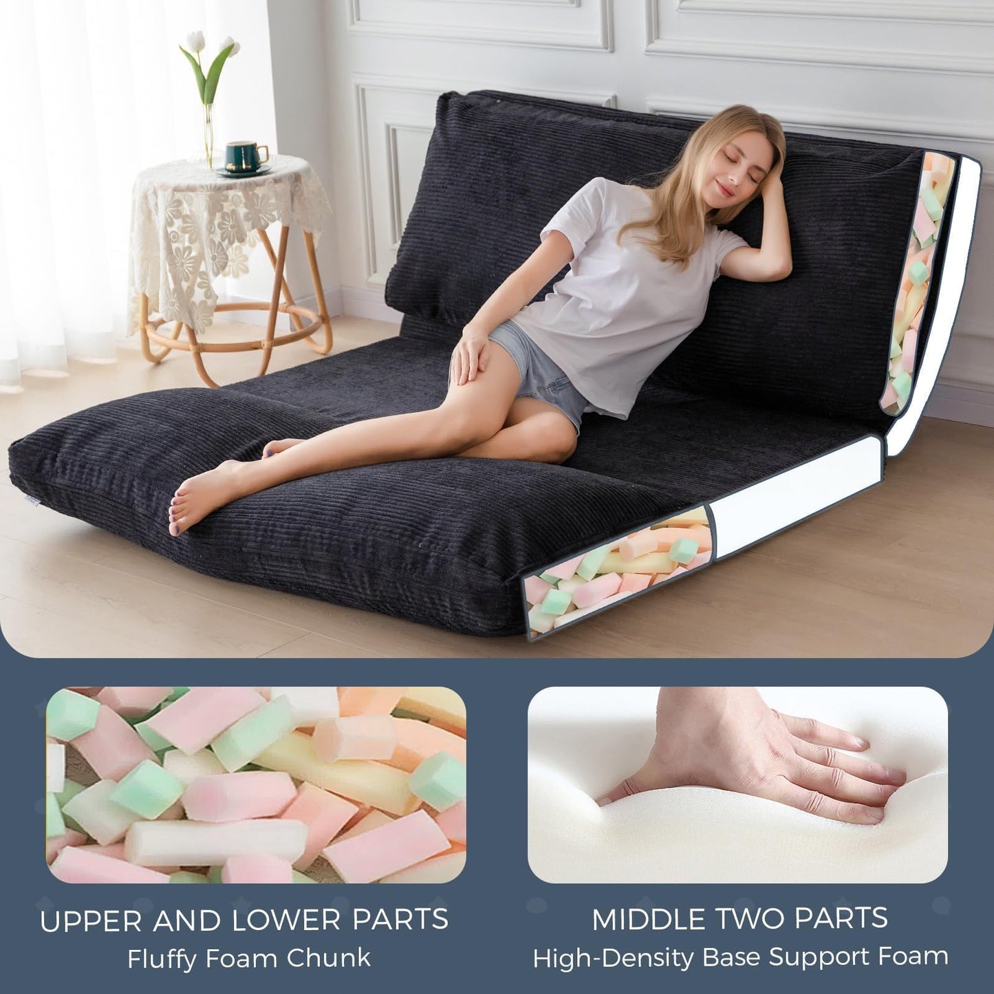 MAXYOYO Folding Sofa Bed, Extra Thick and Long Floor Sofa Convertible Chair with Washable Cover, Floor Couch Lounge Bean Bag Bed for Living Room, Black, 30"x91"