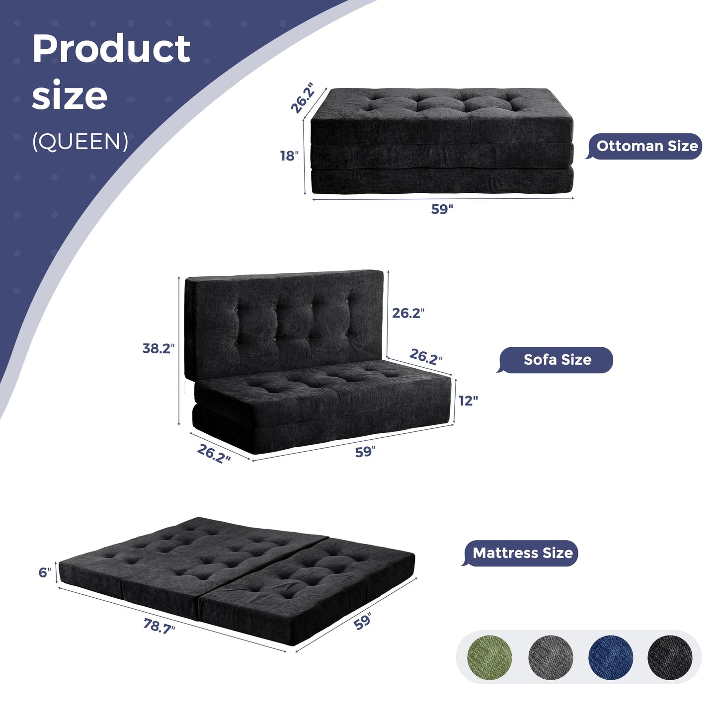 MAXYOYO 6" Folding Sofa Bed for Floor, Tufted Tri-Fold Floor Mattress with Chenille Fabric, Queen Size Portable Sofa Couch Guest Mat for Adults, Foldable Topper for Camping, Black, 59"x78.7"