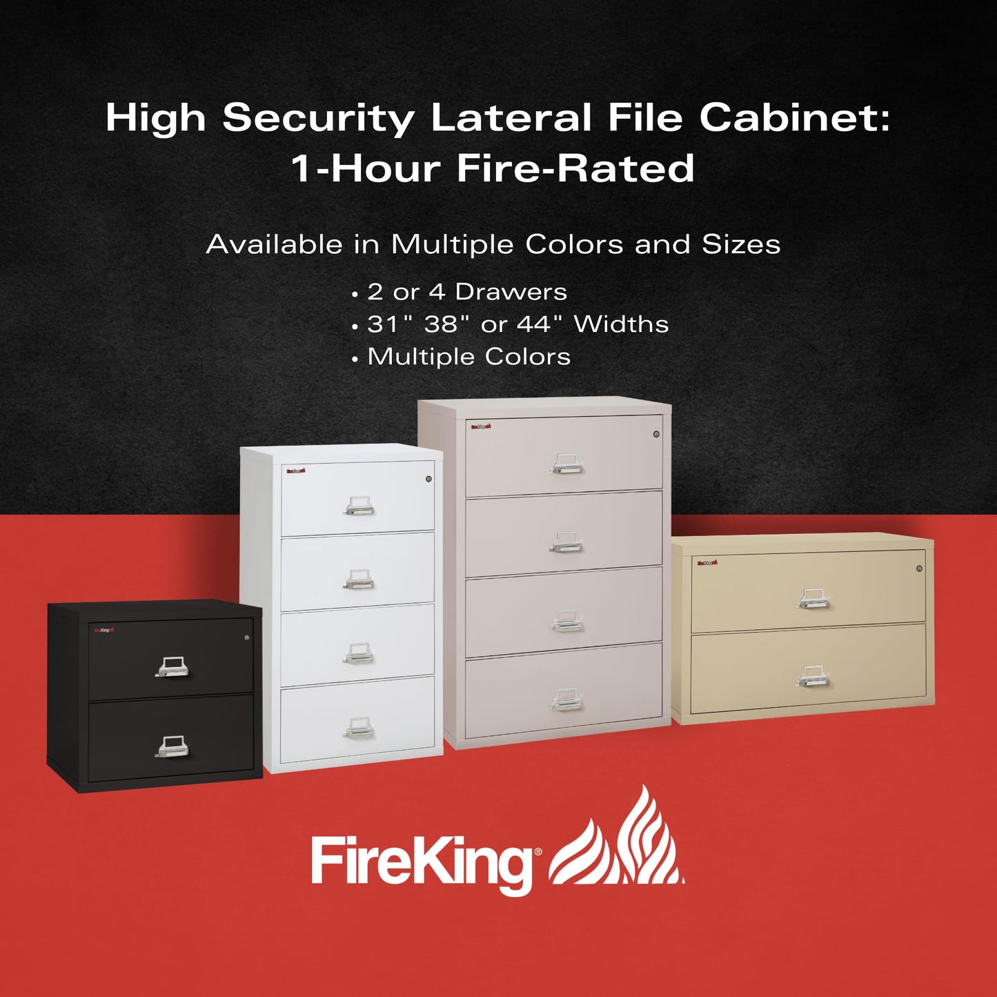 FireKing Fireproof Lateral File Cabinet (4 Drawers, Impact Resistant, Water Resistant), 38" W x 22" D, Black, Made in USA