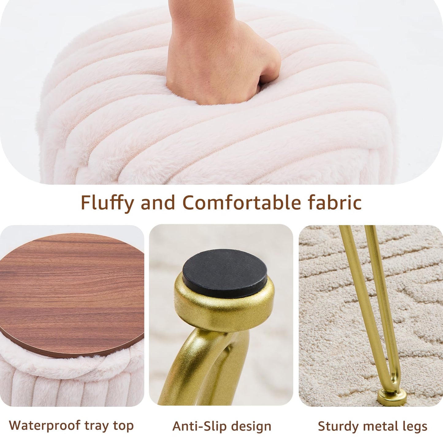 Wimarsbon Vanity Stool with Storage, Faux Fur Ottoman Chair with Metal Legs, Round Makeup Vanity Chair for Bedroom or Dressing Table, Modern Small Ottoman Seat (Champagne-1)