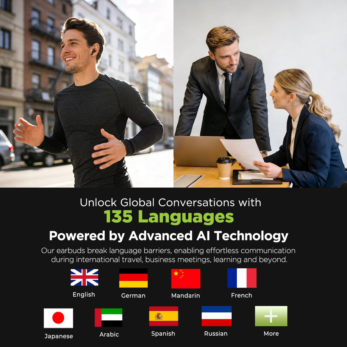 NE75 AI Translation Earbuds 135 Languages Real-Time Translator Earphones, Bluetooth 6.0 TWS Wireless Bluetooth Earphones, Hi-Fi Music & Call, Smart Touch+App for Travel, Sports & Business (Black)