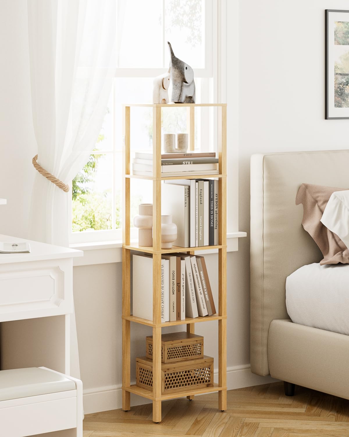 Apetaccat Open Book Shelf, 5 Tier Tall Bookshelf, Freestanding Shelf Narrow Bookcase with Open Shelves, 14.96" x 10.63" x 53.54", Book Shelves for Living Room, Office, Study, Oak