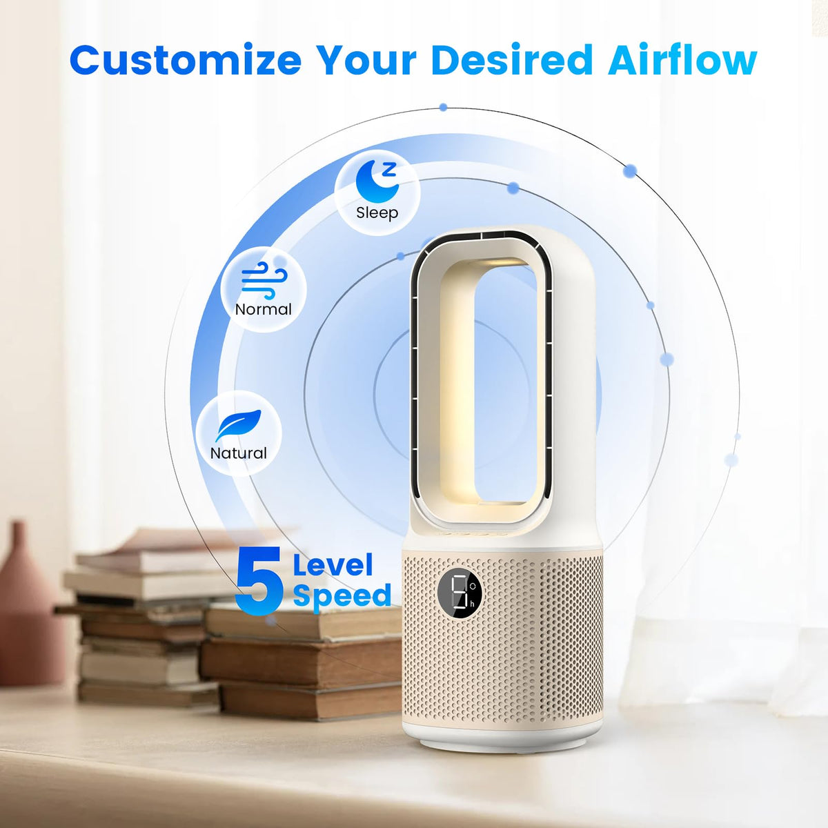 Misby Desk Fans Small Quiet, 13 Inch Bladeless Table Fan, 5 Speeds for Powerful Airflow, 70° Oscillating Fan with Night Light and Timer, Desktop Cooling Fan for Bedroom, Office, Nightstand