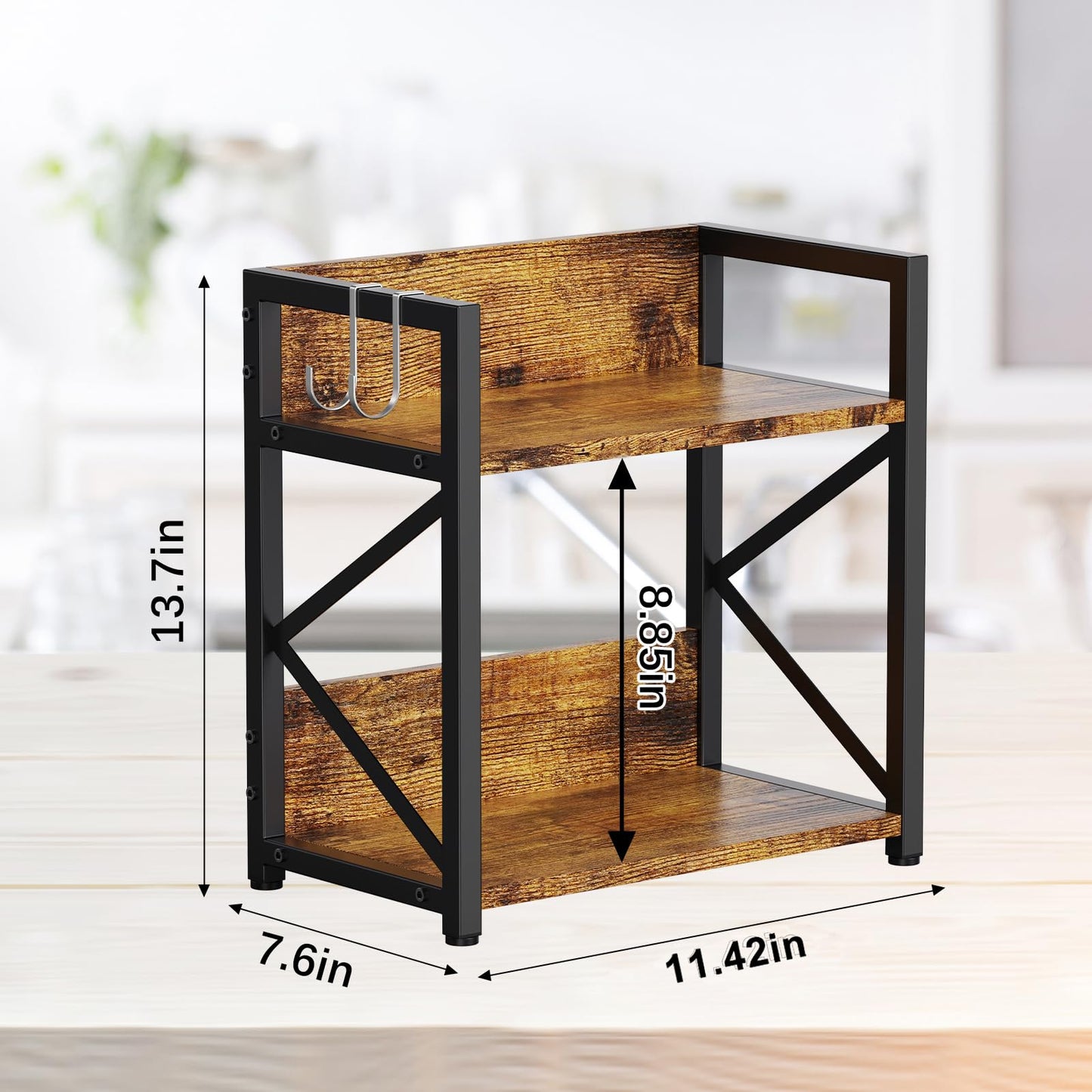 Spice-Rack-Organizer-Shelf for Kitchen Counter, 2 Tiers Coffee Bar Station Organizer for Countertop，Space Saving Desk Shelving Riser Unit (Rustic Brown, Small)