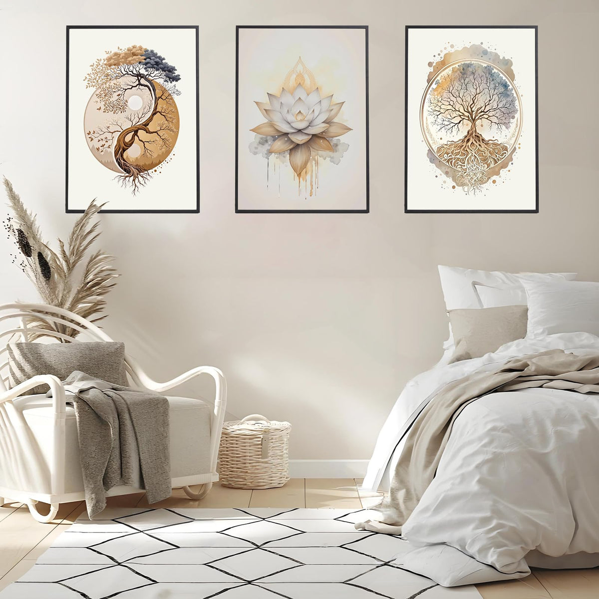 3PCS Tree of Life Cnavas spiritual Wall Art Boho Sacred Geometry Posters Print Art Lotus Zen Pictures Wall Decor Abstract Yin Yang Fall feng Shui Artwork for Living Room Yoga Room Bedroom Home Decoration16*24 in ( Poster No Frame)