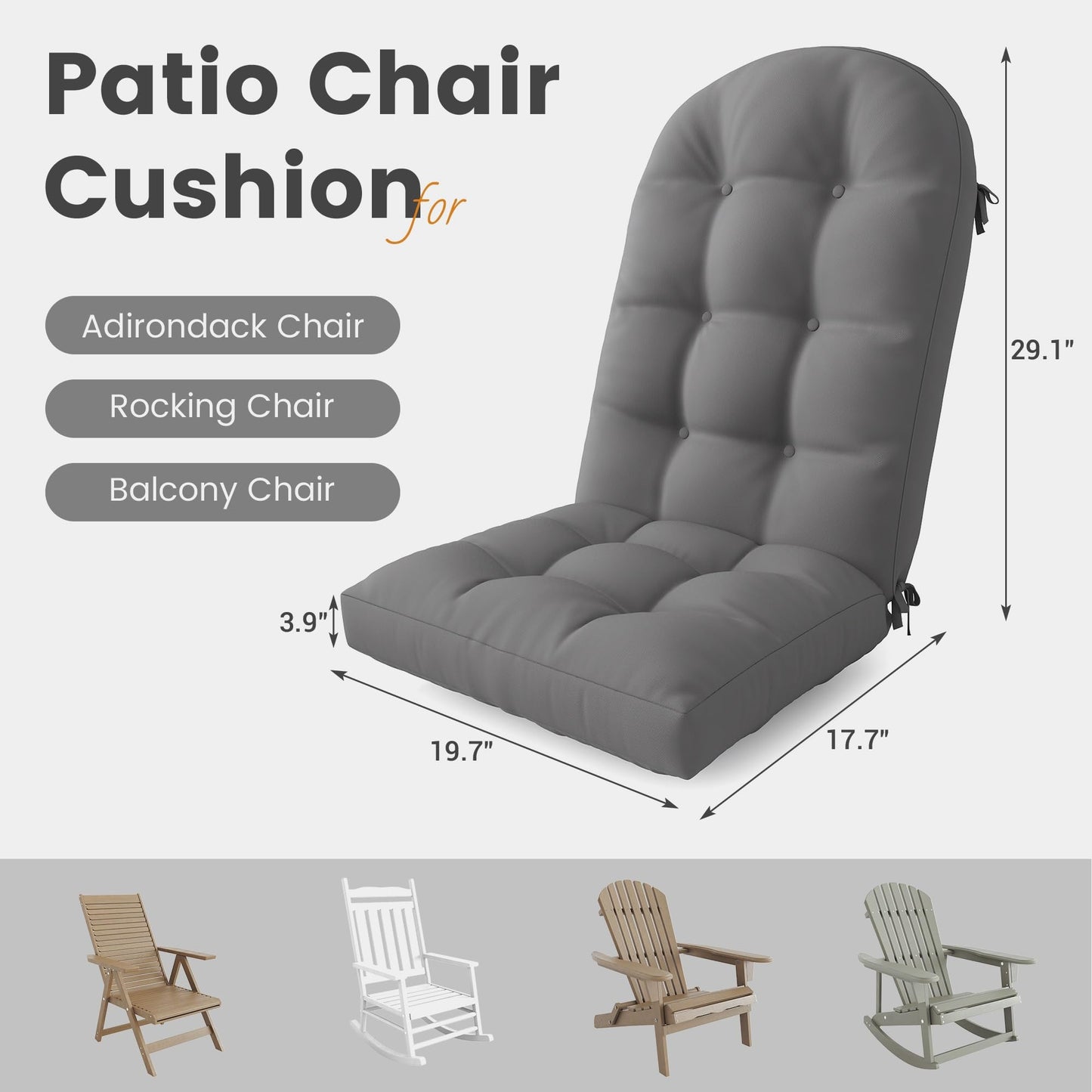 UDPATIO Adirondack Chair Cushion with Ties, Fade-Resistant High Back Outdoor Seat Cushions for Patio, Deck, Porch, Rocking Chairs & Lawn Furniture (Upper & Lower Lumbar Support)，Dark Grey