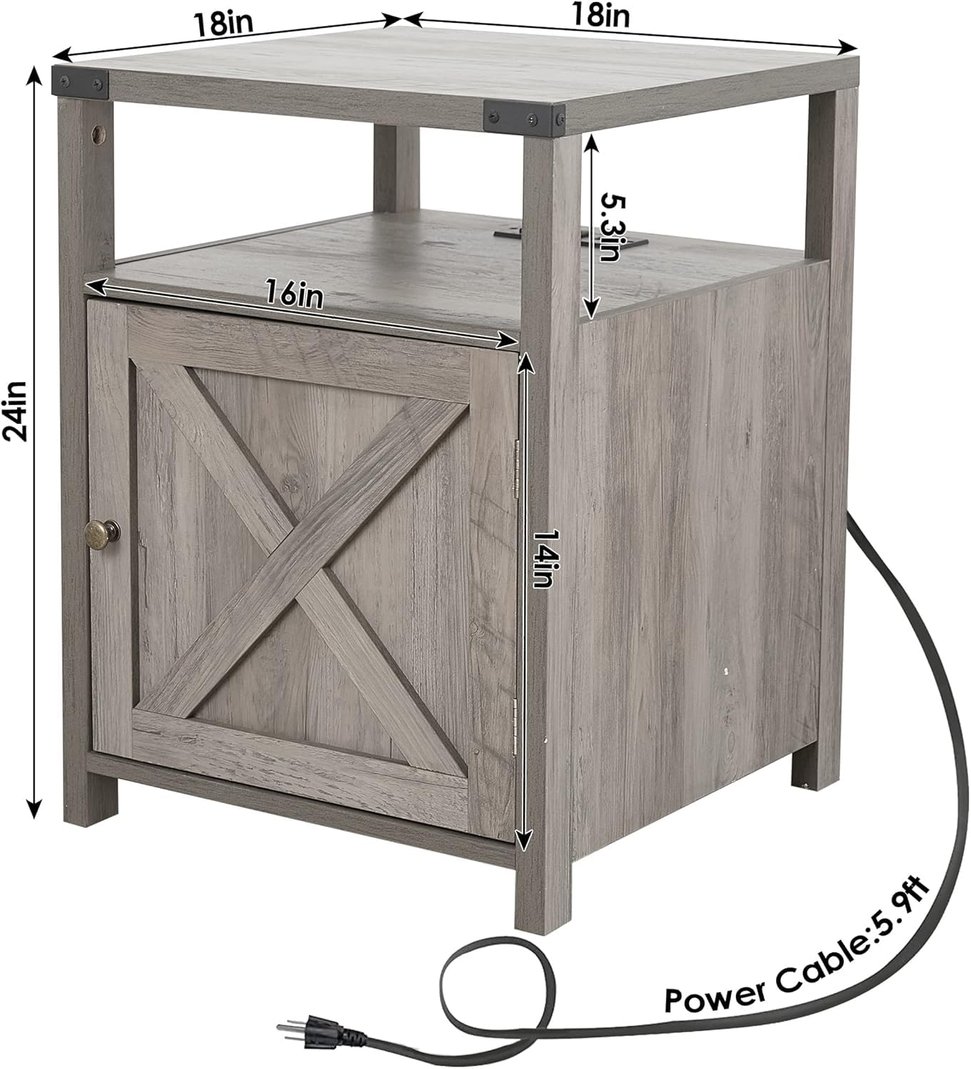 HOSEOKA Farmhouse Nightstand with Charging Station, Rustic End Table Bedroom with Storage Living Room Side Table Grey Night Stand Industrial Bedside Bed Table with USB Ports and Outlets
