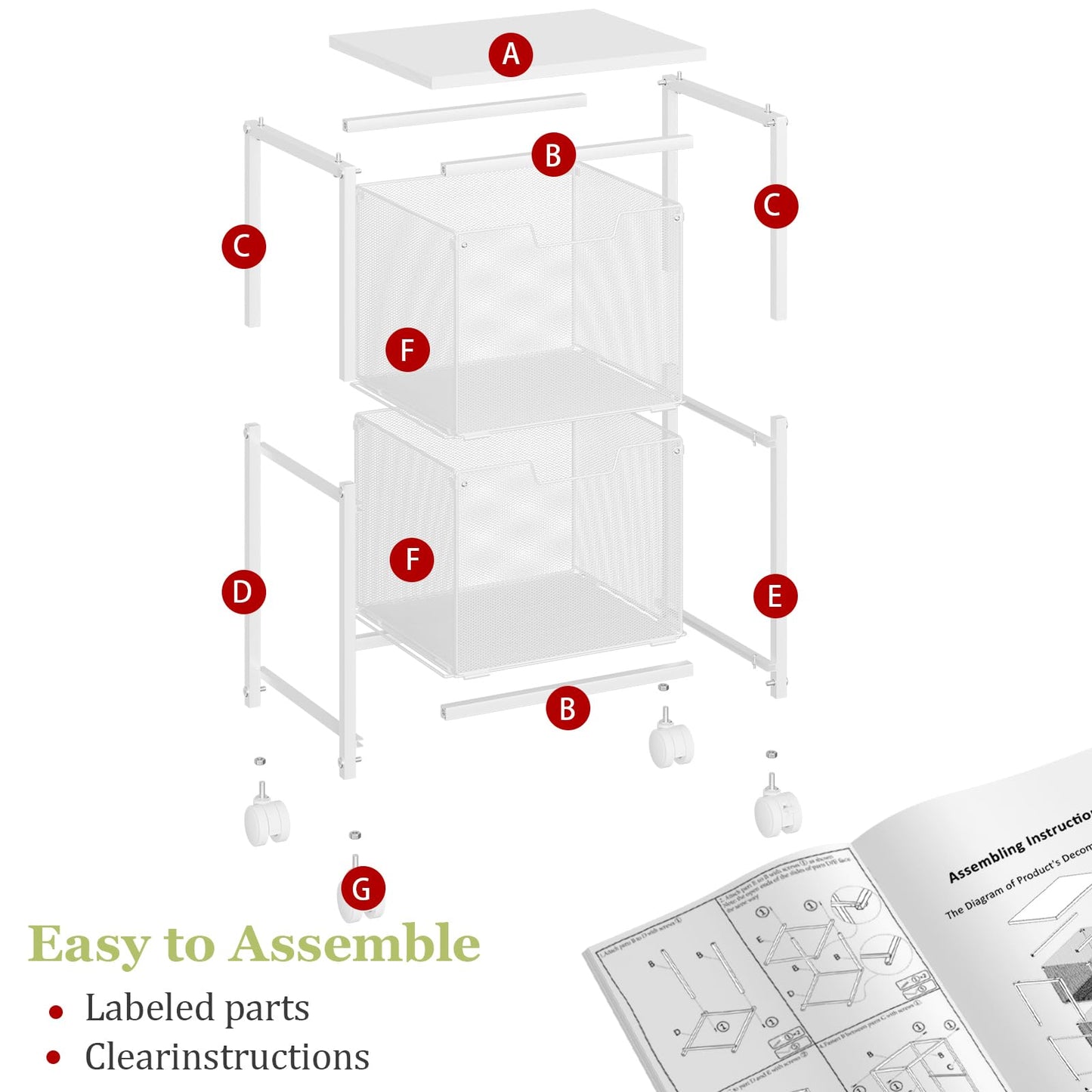Rolling File Cart with 2 Storage Drawers,Under Desk Storage Cart,Hanging File Folder Organizer with Wheels, Filing Cabinet Mobile Printer Stand Utility Craft Cart for Home Office,White