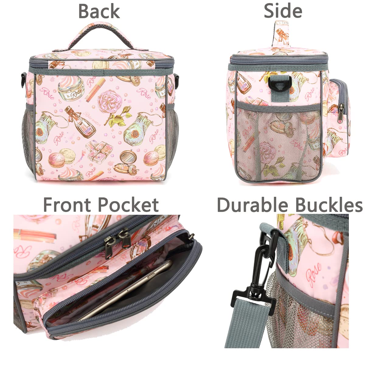 FlowFly Insulated Reusable Lunch Bag Adult Large Lunch Box for Women and Men with Adjustable Shoulder Strap,Front Zipper Pocket and Dual Large Mesh Side Pockets,Rose