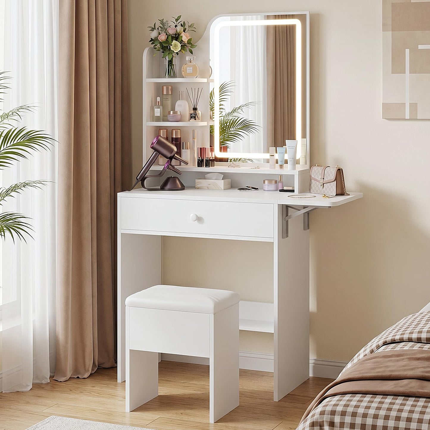 Haewon Small Vanity Desk with Lighted Mirror and Charging Station, Compact Makeup Vanity Set with 3 Lighting Modes, White Dressing Table with Storage Chair, Drawer and Shelves for Bedroom