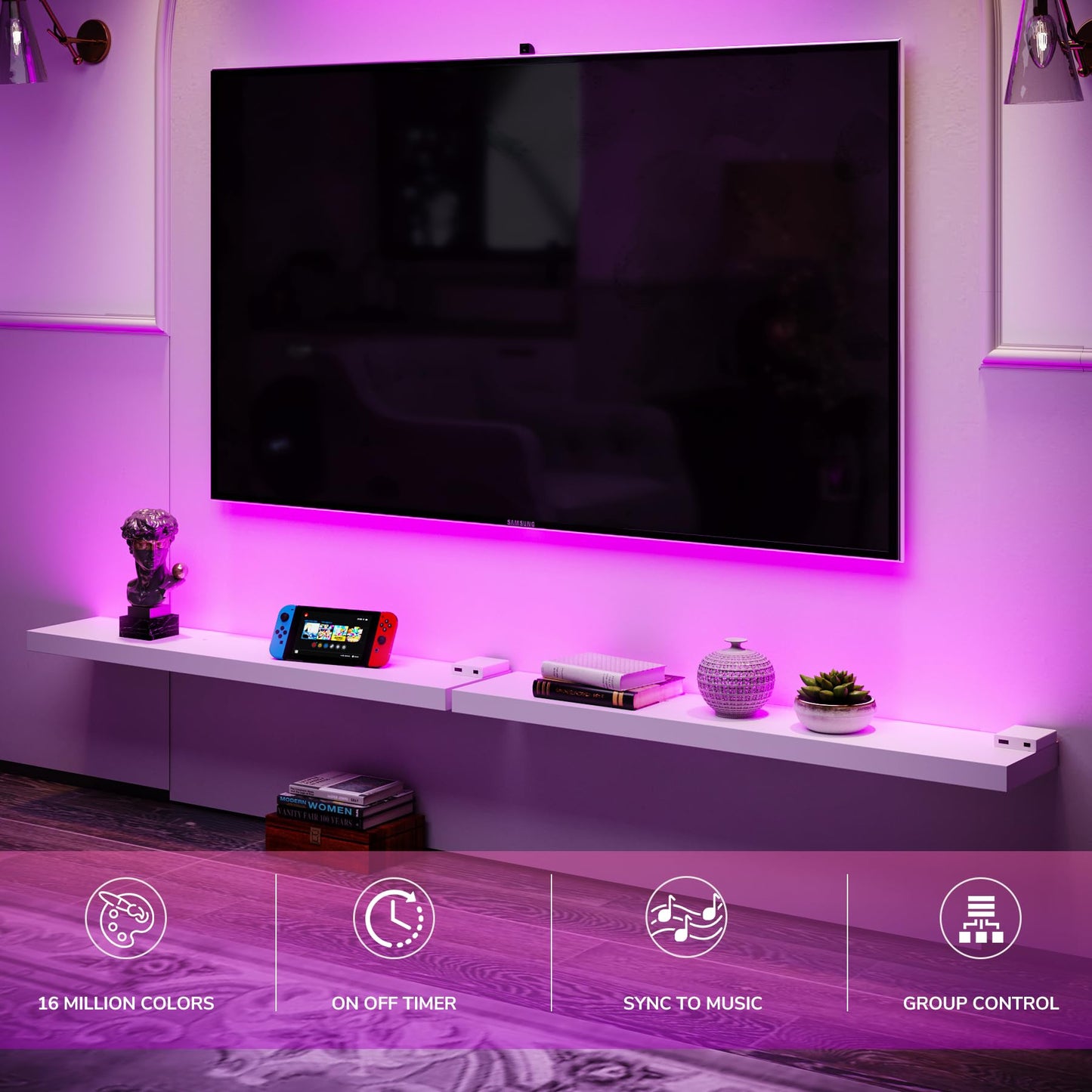 BAMEOS Floating Shelves with RGB LED, 31" Wooden Wall Shelves with Invisible Brackets, Set of 2, Wall Mounted Display Shelves Decoration for Bedroom, Bathroom, Living Room, Kitchen (White)