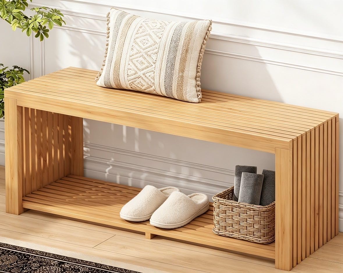 Bamboo Bench with Shelf, 35-in Entryway Bench Seat for Indoor, Natural