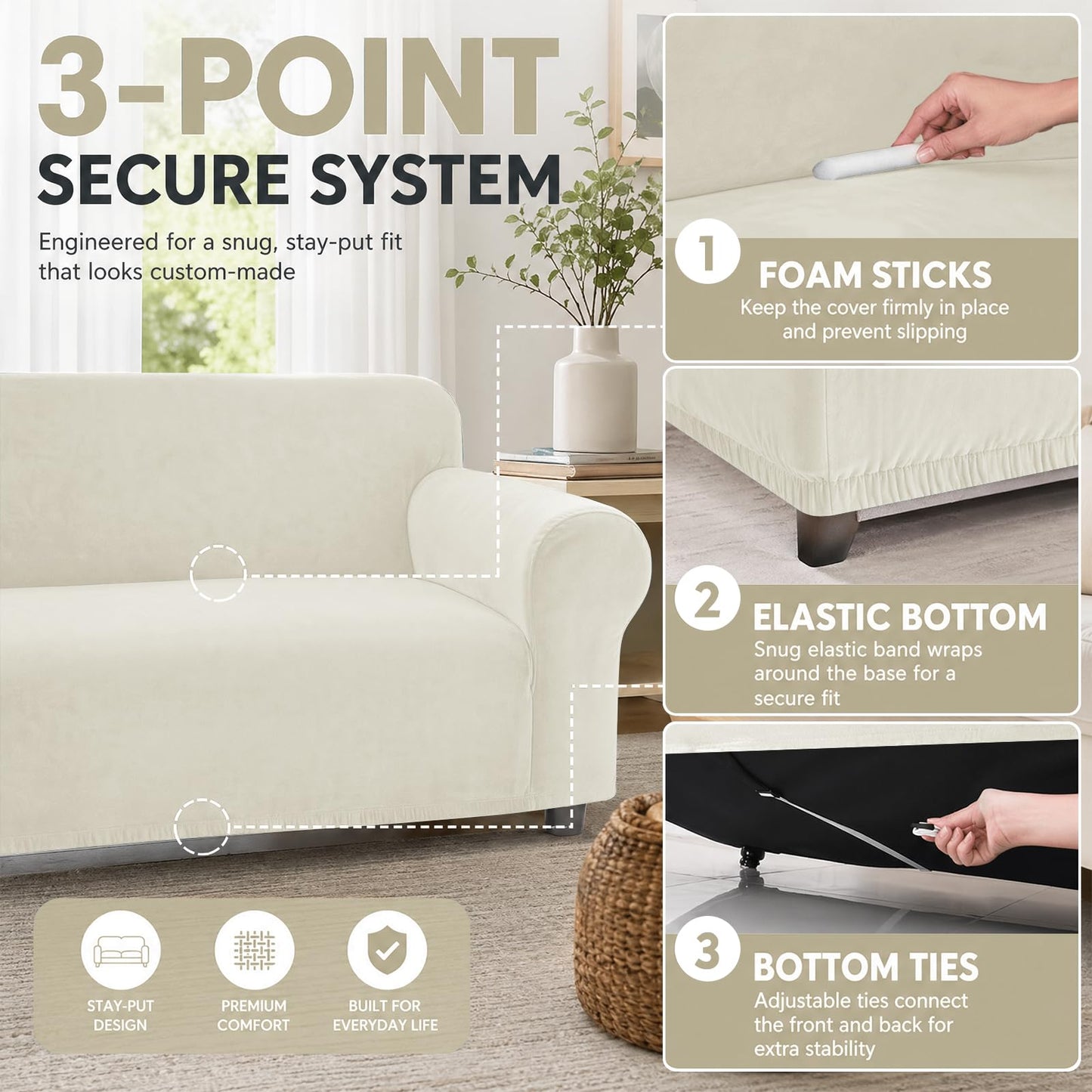 YEMYHOM Real Velvet Armchair Covers 1 Piece Stretch Chair Slipcovers Chair Protector for Living Room Thick Soft Chair Cover with Elastic Bottom Couch Cover for Pets Kids (31"-46", Beige)