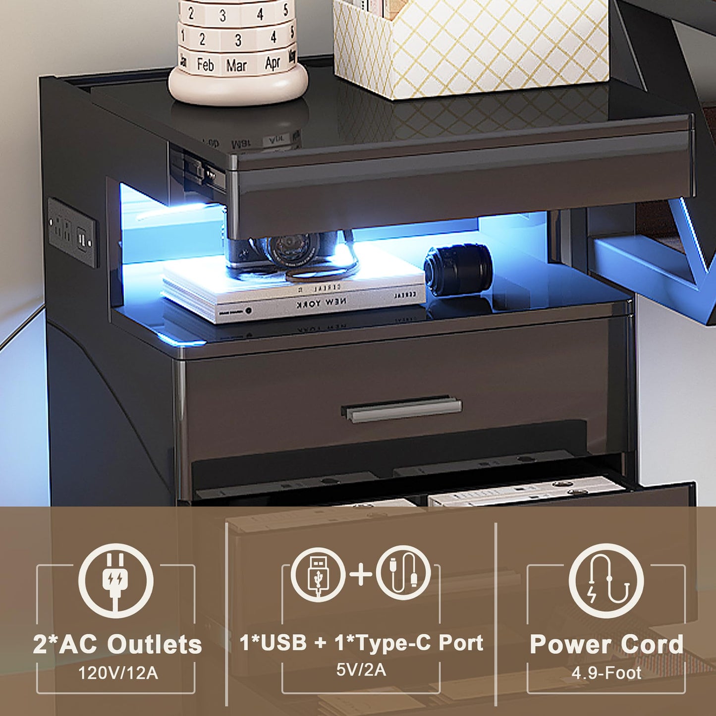 Treocho Led Nightstand with Hidden Space, Modern Night Stand with Charging Station, 3 Drawer Smart Nightstand with Glossy Finish, Tall Bedside Table with RGB Lights for Bedroom, Black