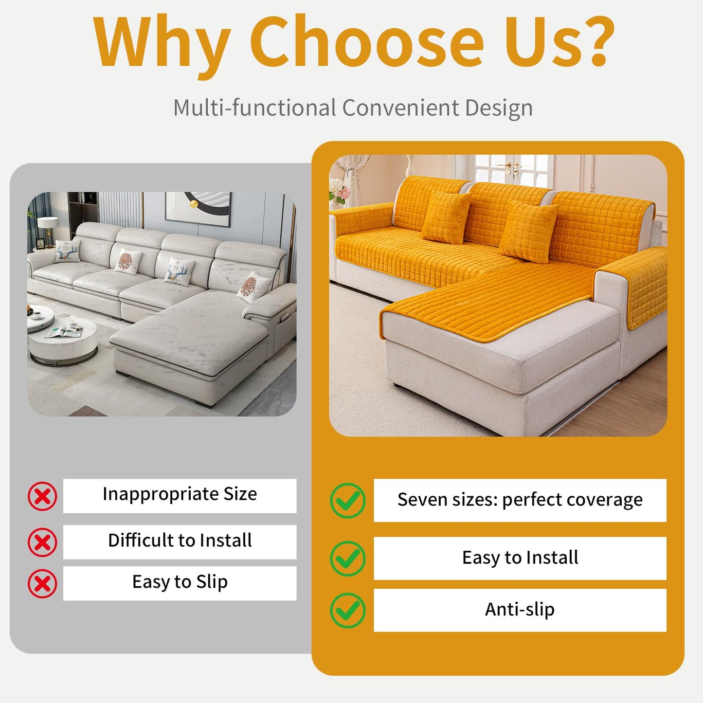 MDSASFD Velvet Couch Cover, Plush Sectional Sofa Cover Washable, Anti Slip Sofa Slipcover for 3-4 Cushions Sofas, Furniture Protector Covers for Pets & Kids(1PC,Mustard Yellow,36"×94")
