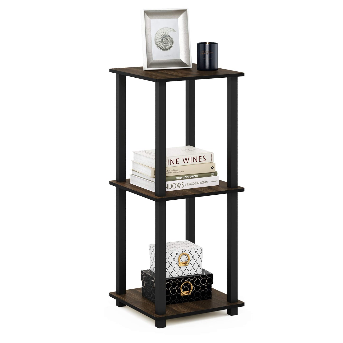 Furinno SIMPLISTIC Side Table Set of 2, 2-Tier Square Modern End Table, Nightstand, Night Stand, Bedside Table, Toolless Assembly, for Living Room, Bedroom, Columbia Walnut