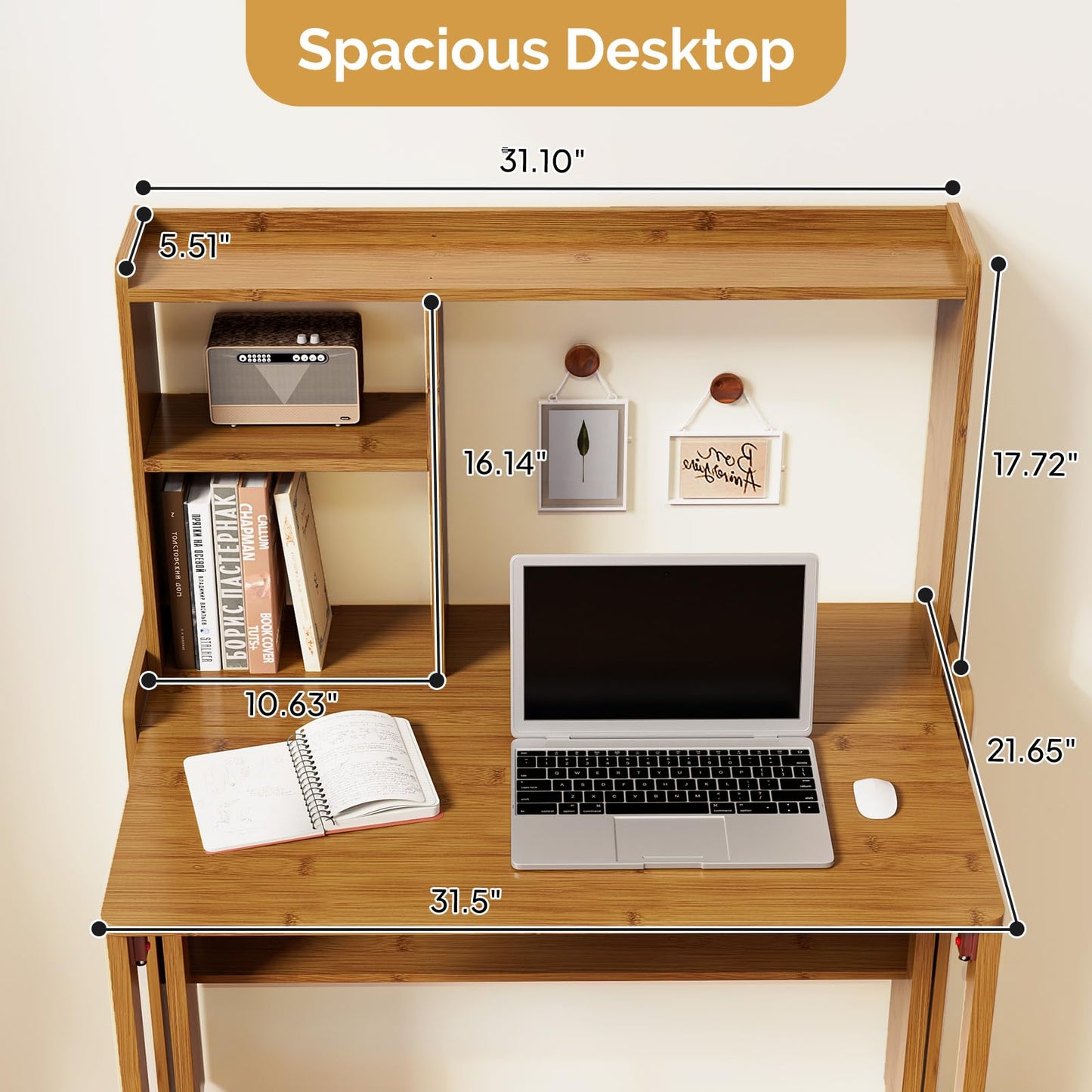 Usofhaus Bamboo Folding Desk with Bookshelf, Compact Computer Desk with Hutch for Small Spaces, Foldable Desk with Storage Shelf, Space-Saving Home Office Desk for Bedroom, Dorm, Apartment,Brown