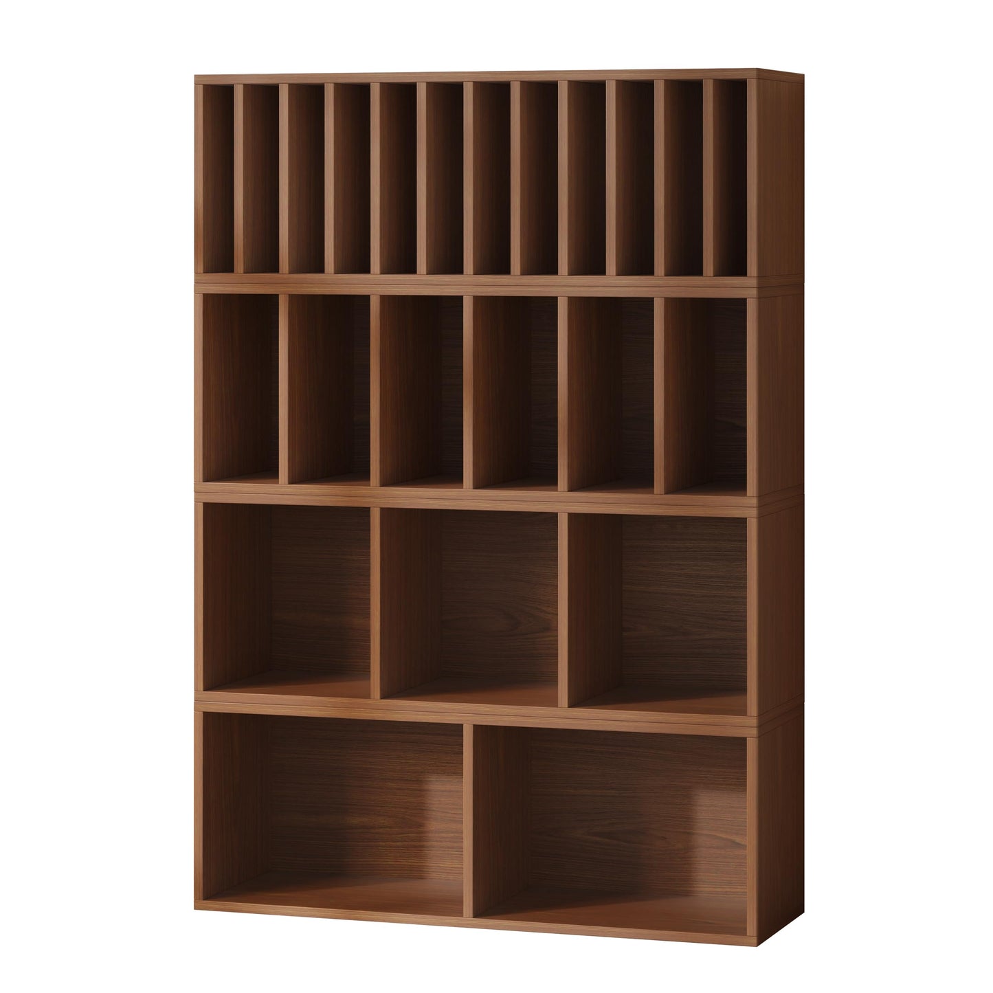 IOTXY DIY Modular Cube Bookcase - CubeXY Customizable Stackable Expandable Combination Set, 23-Cube Open Bookshelf for Books, Fabric Storage Bin, and 7/10-inch Vinyl Record Organizer, Walnut